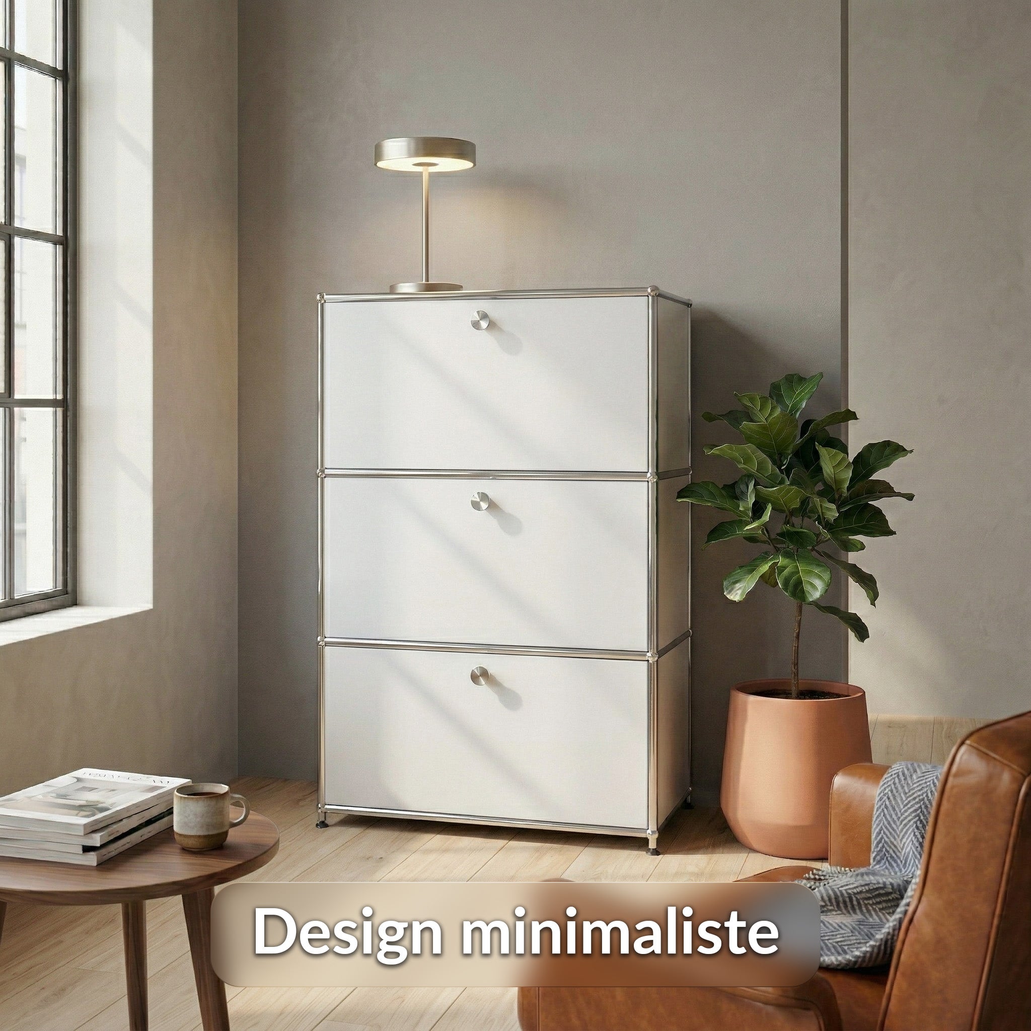 Étagère métal chromé design épuré, Concept Epuré MK-129, Buffet 3 compartiments verrouillables,Blanc - 2