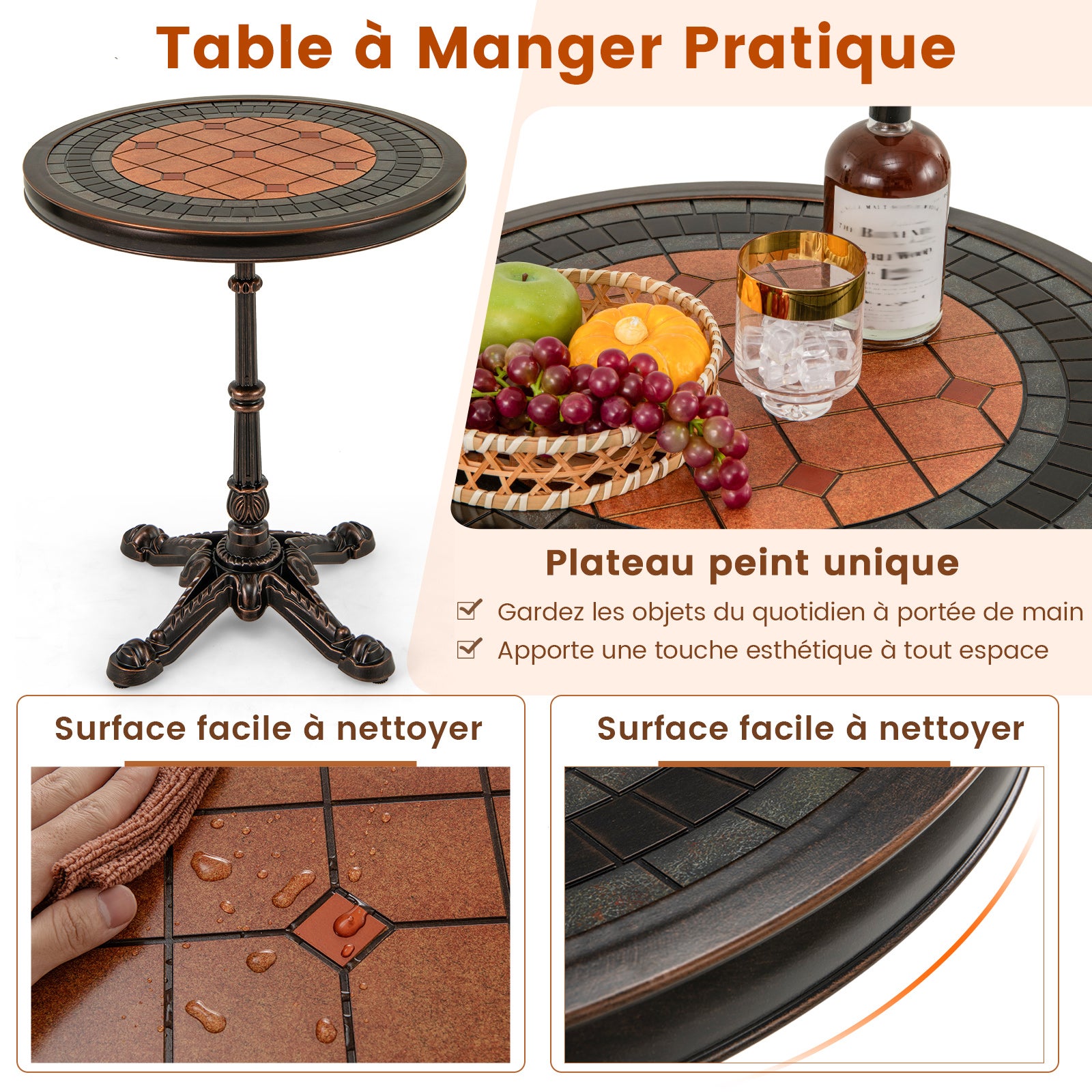 Table de Jardin Ronde de 60,5 cm, Table en Aluminium Coulé Résistante aux Intempéries avec Texture Sculptée et Plateau Peint, Bronze - 4