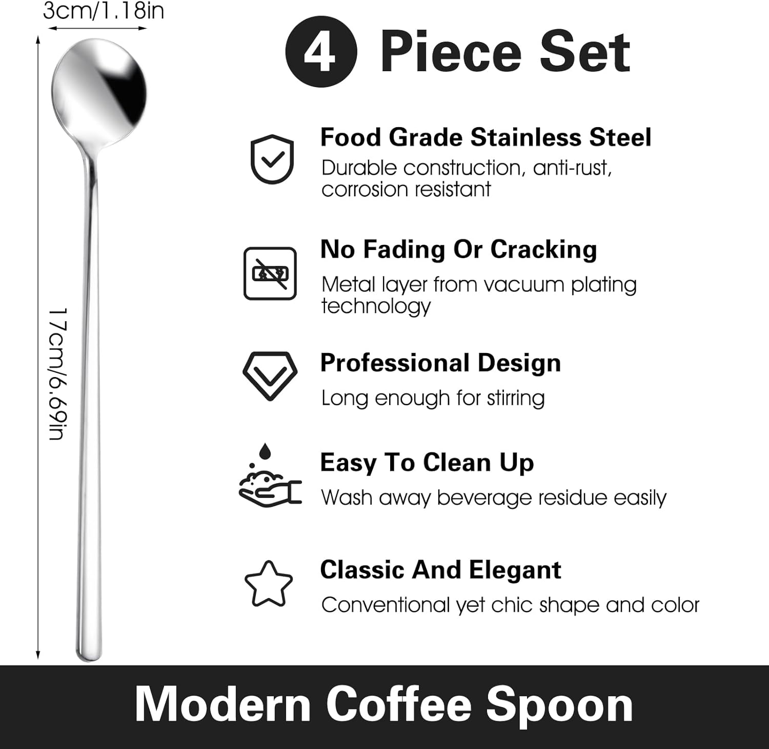 Cucchiaini Bar E Casa Lunghi Set 4 Cucchiai Da Tè Con Manico Lungo - 20,5 Cm, Acciaio Inox, Per Gelati, Cocktail, Bevande Fredde Cucchiai Tè Manico Lungo