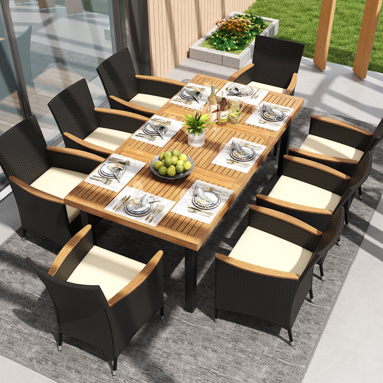 Table à Manger Extérieur en Bois d'Acacia Certifié FSC pour 8 Personnes, Table 200x100 cm avec Trou pour Parasol 5 cm, Pied en Métal - 8