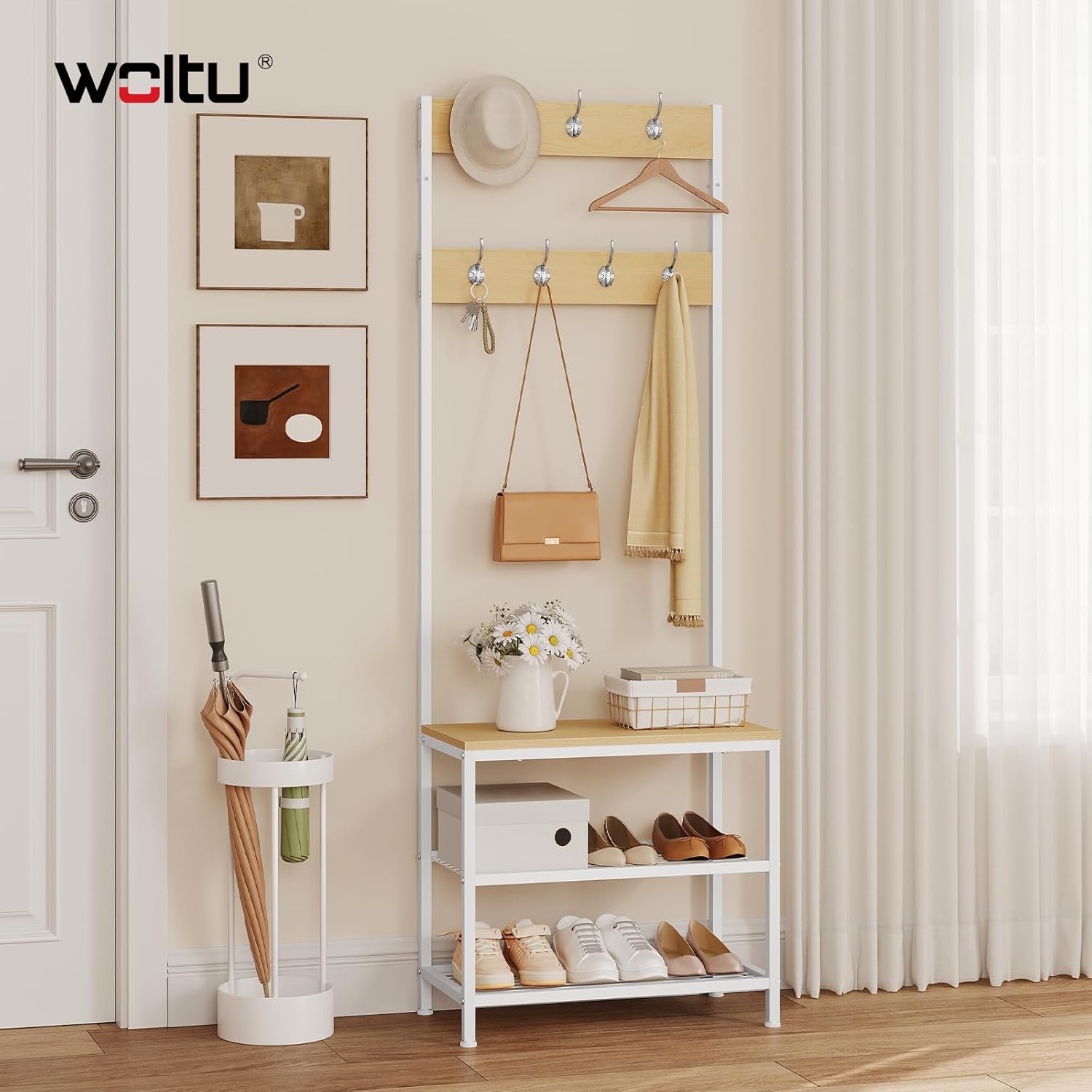 Meuble d'Entrée WOLTU, Portemanteau en Métal+Bois d'Ingénierie, avec Étagère à Chaussures et Banc, Chêne Clair+Blanc, 60x31,5x170cm - 2