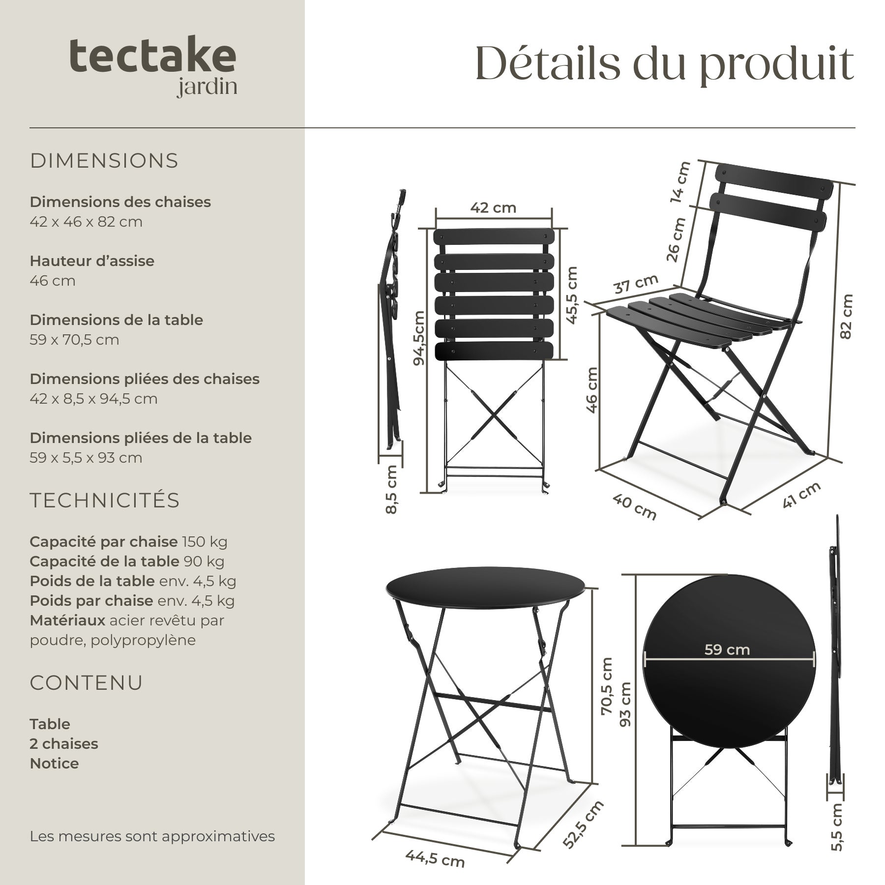 Ensemble table et chaises bistrot Frieda, pliable pour 2 personnes pour 2 personnes TECTAKE - 6