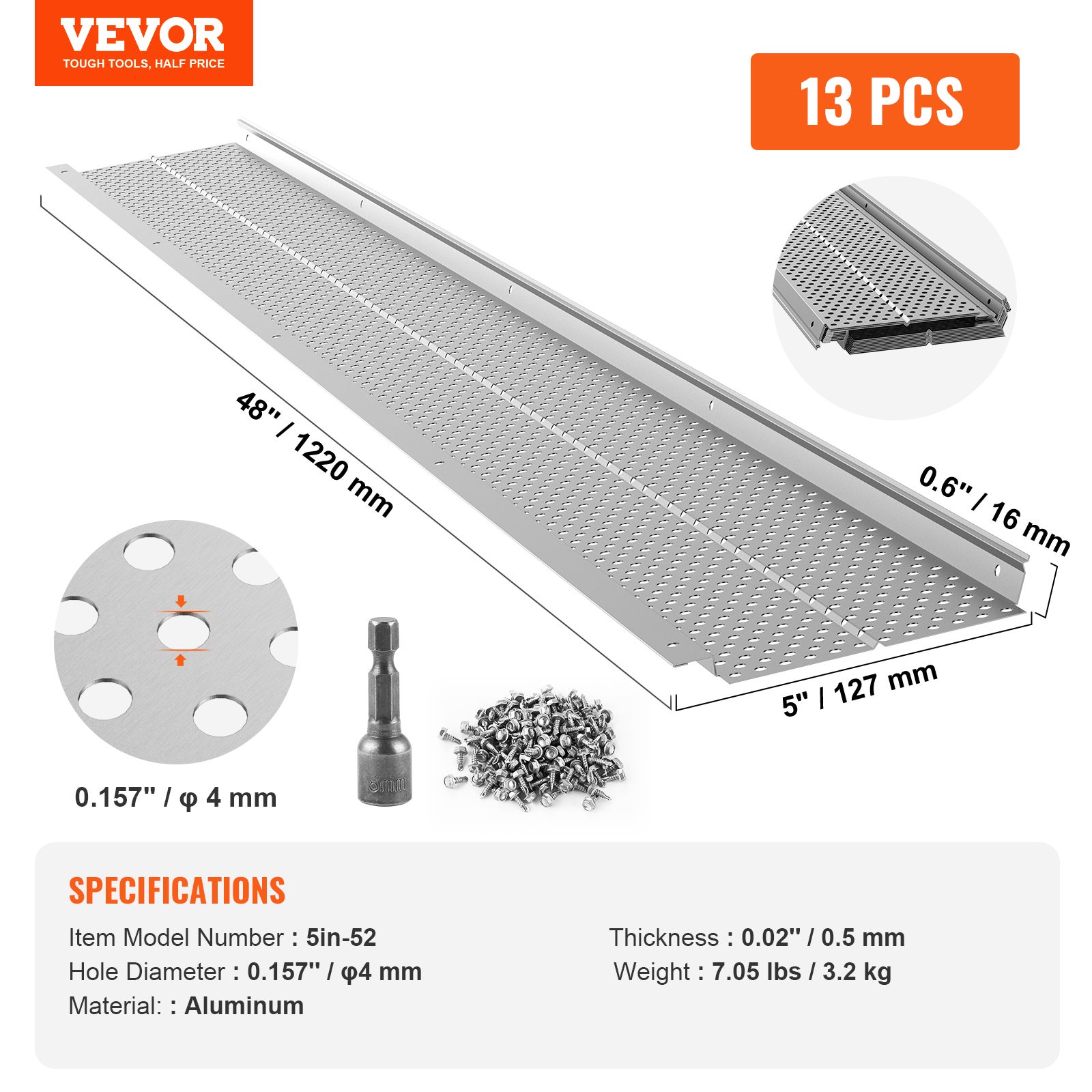 Grille de Protection Gouttière VEVOR 127 mm Pare-feuilles pour Gouttières Aluminium 13PCS Longueur Totale 15,9 m Trou 4mm Épaisseur 0,5mm Anti-feuille - 7