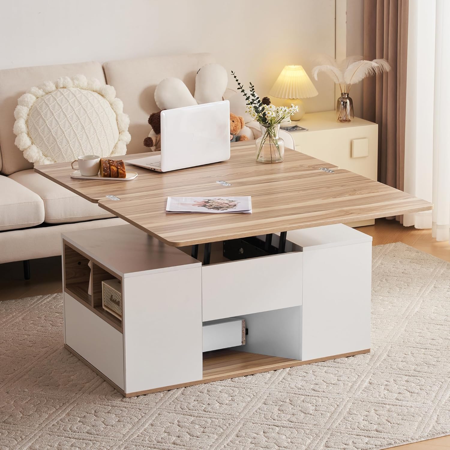 Table Basse Relevable HOMCOM - Avec Compartiment Secret Et 2 Tiroirs - Blanc - 100x50cm - Idéale Salon Ou Bureau - 12