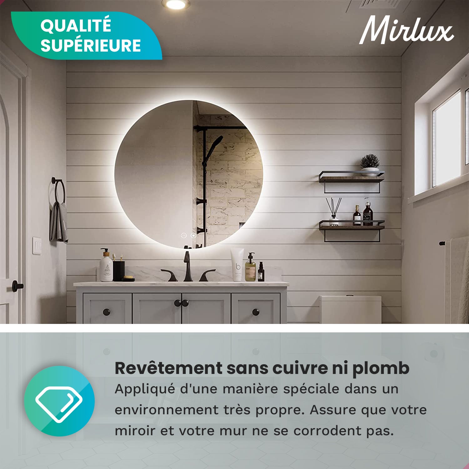 Mirlux Miroir de salle de bain rond à LED avec cadre noir mat, 60 cm, anti-condensation, rétroéclairage LED à 3 niveaux d'intensité. - 8