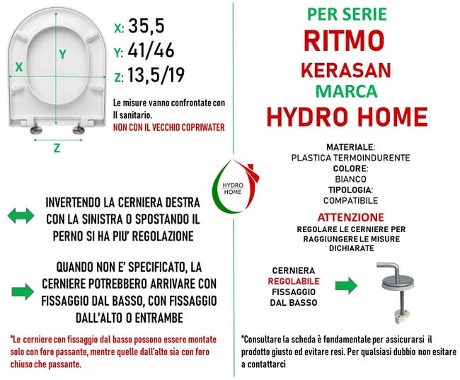 HYDRO HOME Copriwater Rettangolare HH313 Universale Compatibile con Vari Modelli, Tavoletta WC in Plastica Termoindurente, Antibatterico, Cerniere Regolabili Soft Close, Bianco (Chiusura ammortizzat HYDRO HOME Copriwater Rettangolare HH313 Universale Compatibile con Vari Modelli, Tavoletta WC in Plastica Termoindurente, Antibatterico, Cerniere Regolabili Soft Close, Bianco (Chiusura ammortizzat