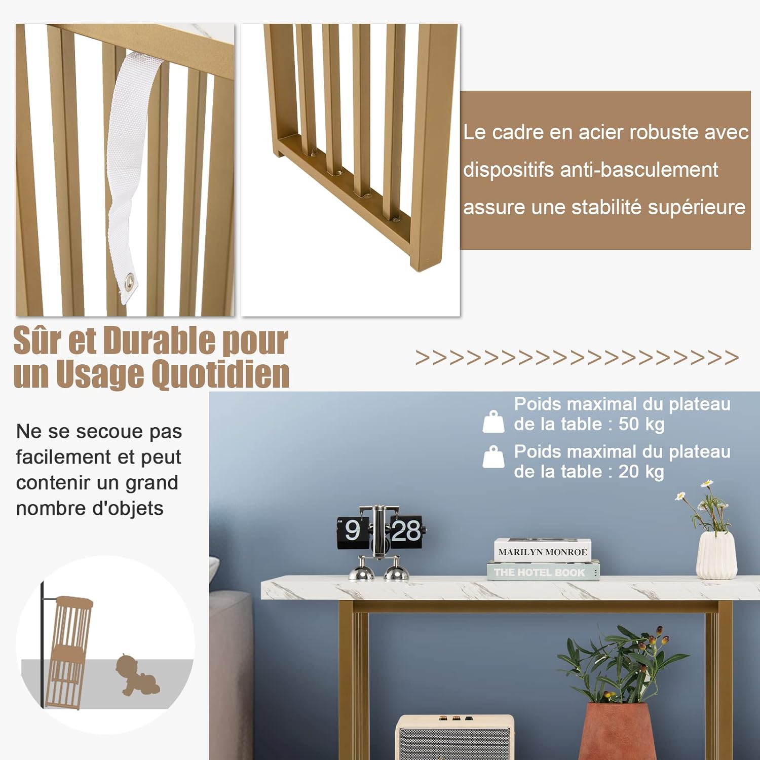 Table Console à 2 Niveaux, Cadre Métallique et Plateau de Marbre, Table d'Entrée de Dispositif Anti-Chute, Charge 50KG - 9