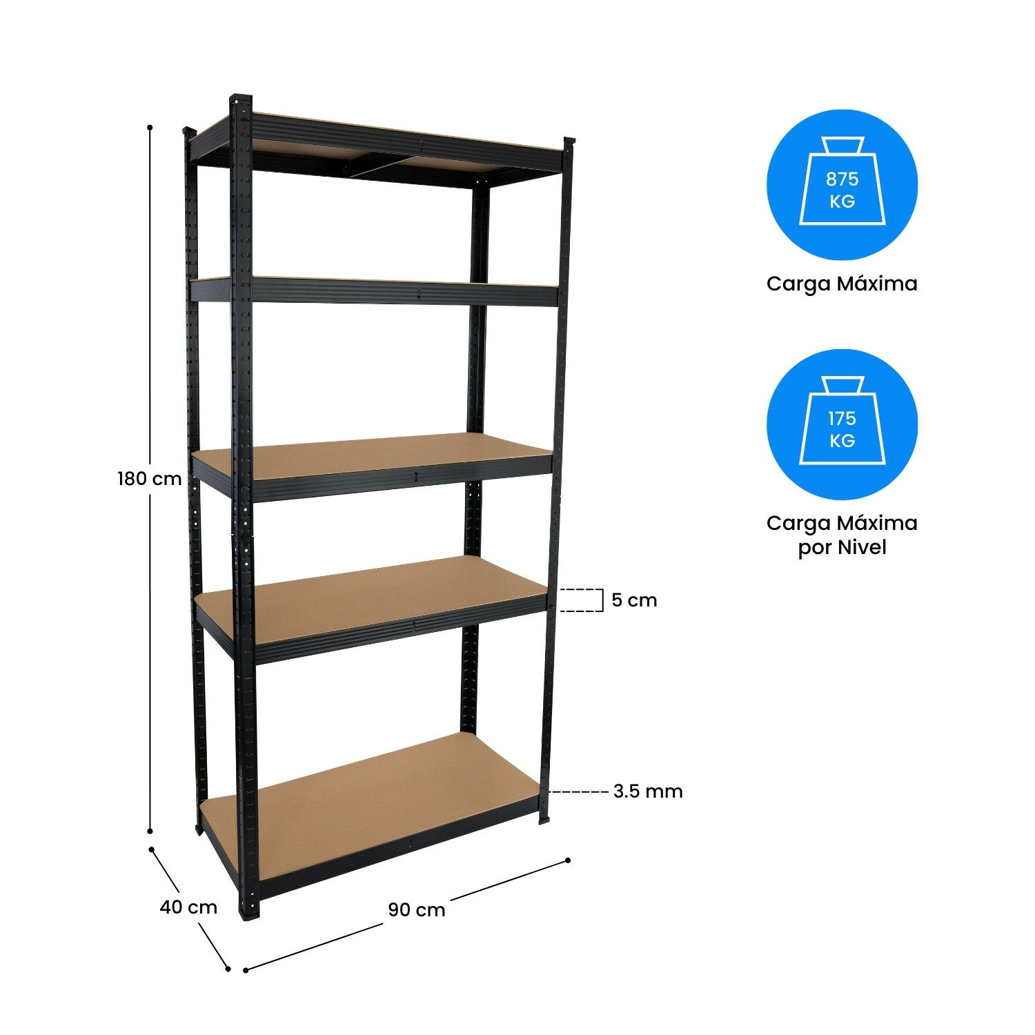 Pack de 2 Prateleiras Metálicas Modulares com 5 Prateleiras 875kg Preto 90x40x180cm Thinia Home - 6