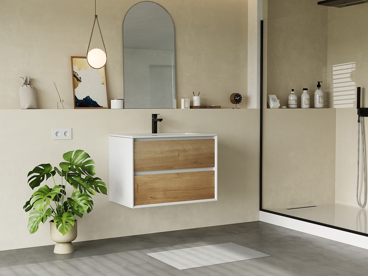 Wisząca szafka łazienkowa pod umywalkę - Kolor jasny naturalny i biały - 80 cm - LANNICK