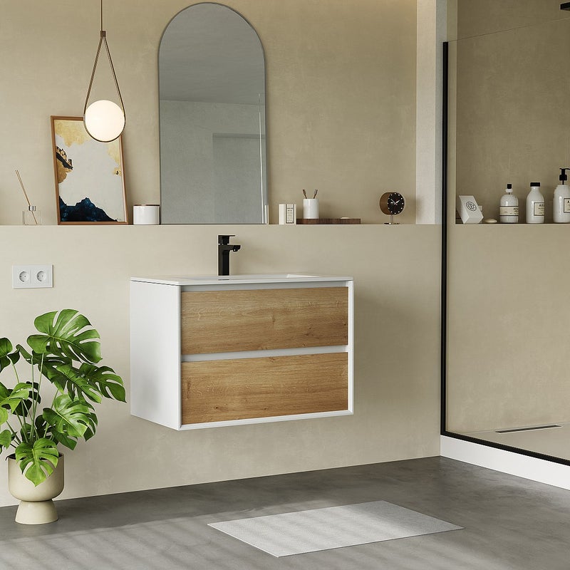 Wisząca szafka łazienkowa pod umywalkę - Kolor jasny naturalny i biały - 80 cm - LANNICK