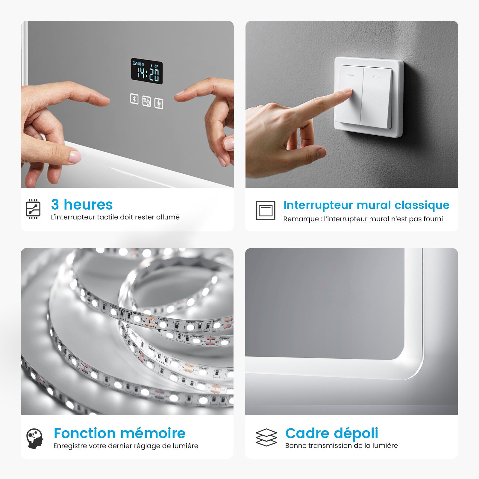 Heilmetz Miroir Salle de Bain LED 100x60 cm avec Bluetooth, Anti-buée, Éclairage 3 Couleurs, Horloge Digitale - 6