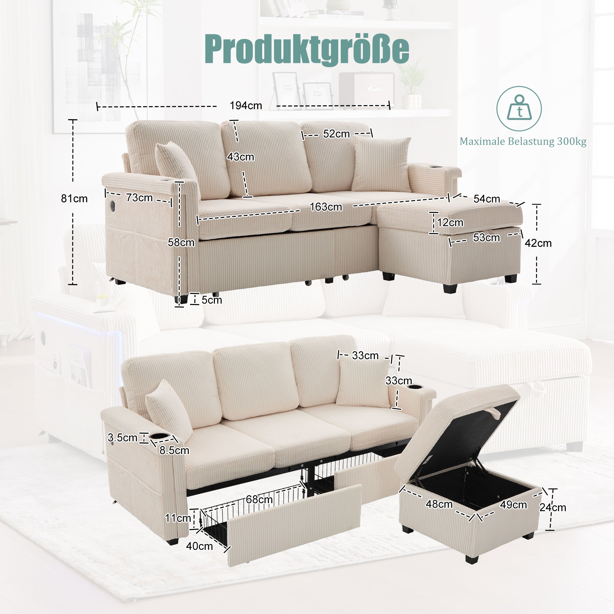 Canapé velours premium beige - Éclairage LED + port USB-C - Repose-pieds rangement + porte-gobelets - Salon/bureau - 2