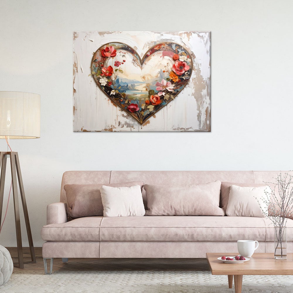 Obraz do salonu sypialni, 3D Serce miłość kwiaty w stylu shabby chic 120x80 - 2
