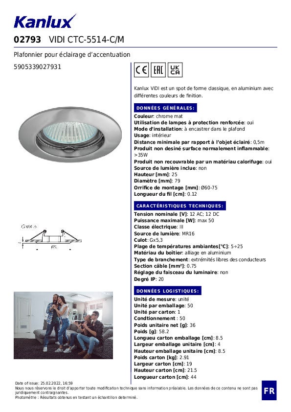 Spot encastrable plafond – Aluminium – Chrome mat – Ø77mm – GX5.3 – Kanlux VIDI - 8