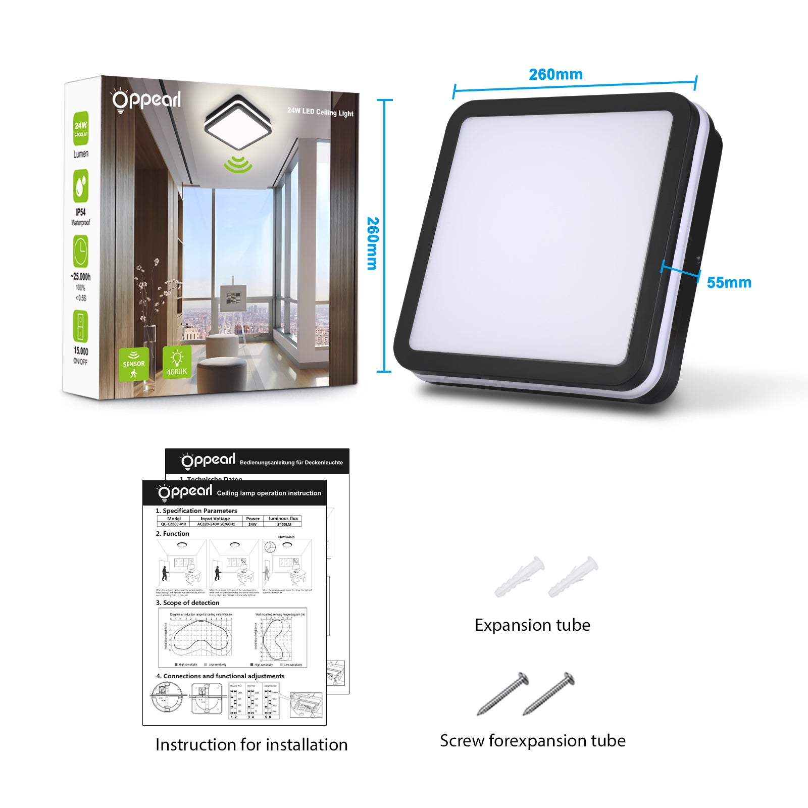 Plafon LED z czujnikiem ruchu 24W 4000K, kwadratowa lampa sufitowa LED 26×26 cm, IP54, do łazienki, przedpokoju i piwnicy, LOVHAUS - 2