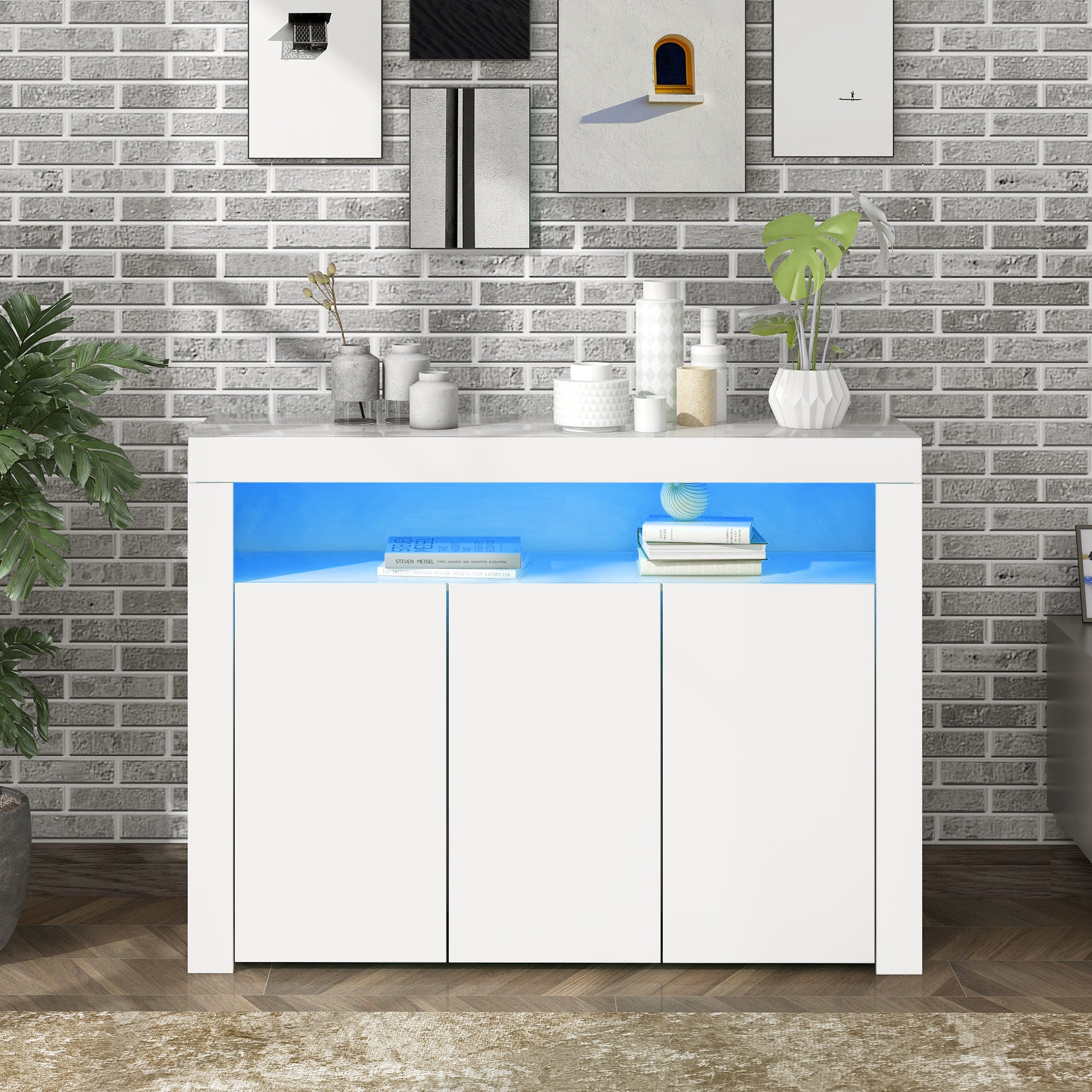 Komoda z 3 drzwiami i półką - 130 x 35 x 95 cm - Diody LED - Płyta wiórowa - Biała