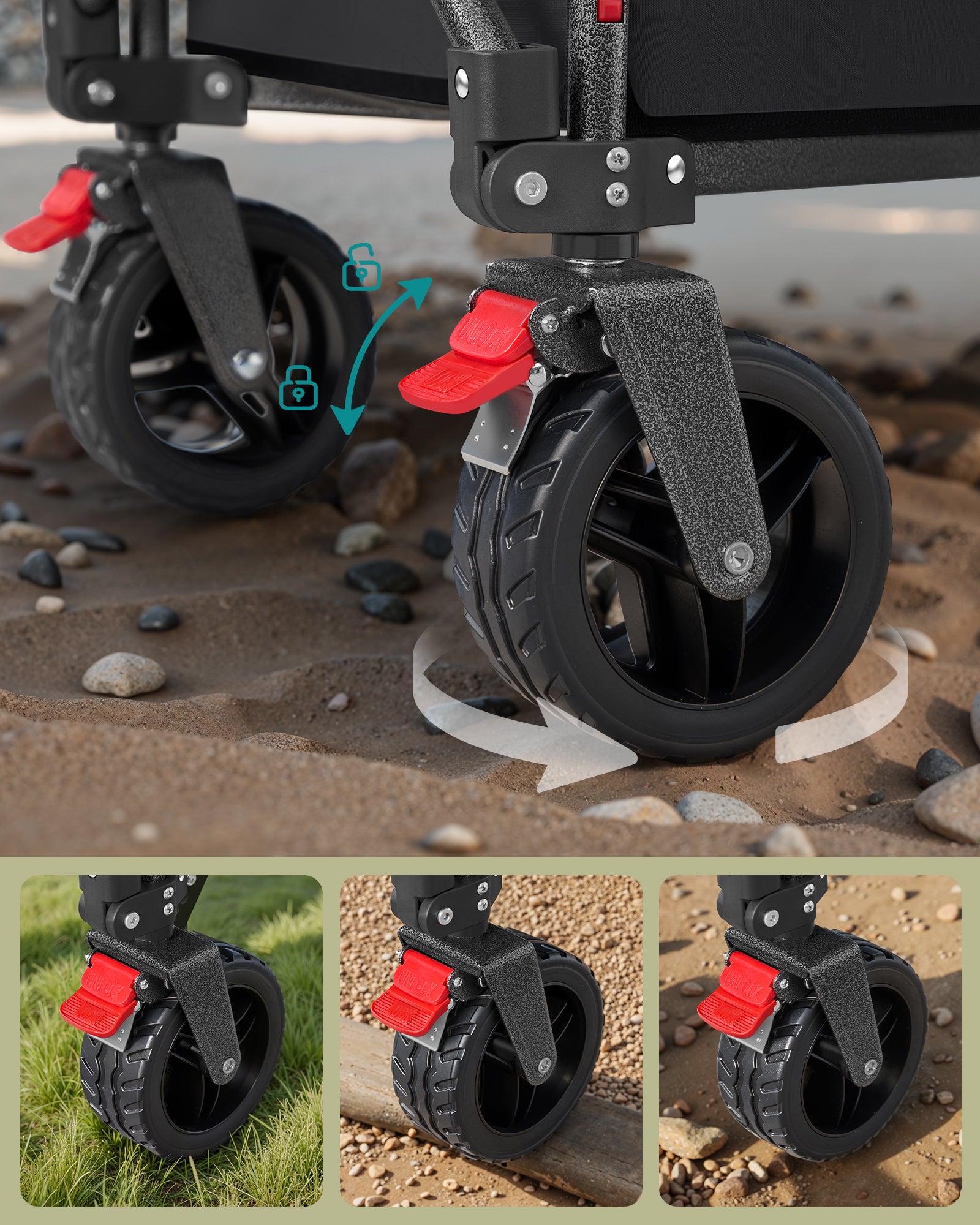 Chariot Pliable, Capacité de 150 L, Supporte Jusqu’à 150 kg, avec Poignée, 4 Roues Amovibles, pour Extérieur, Plage, Camping, Noir - 5