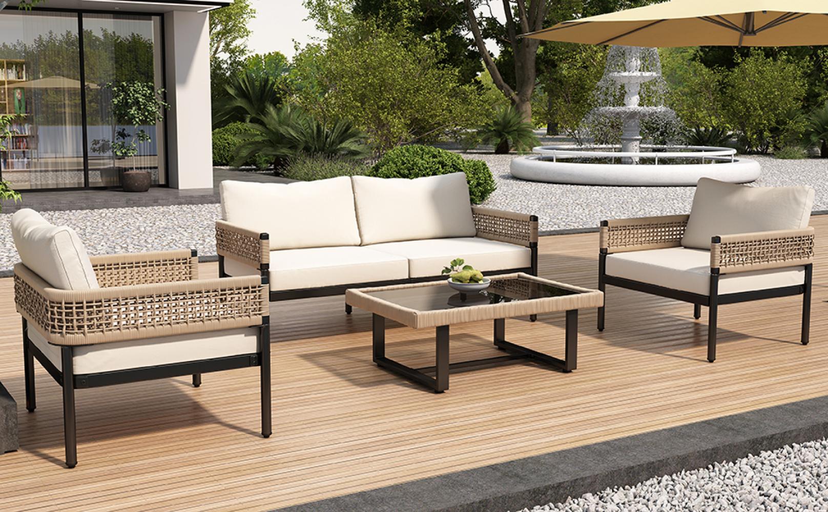 Set de salon de jardin avec canapé 2 places, deux fauteuils, table en verre, corde tressée et coussins inclus pour extérieur - 6