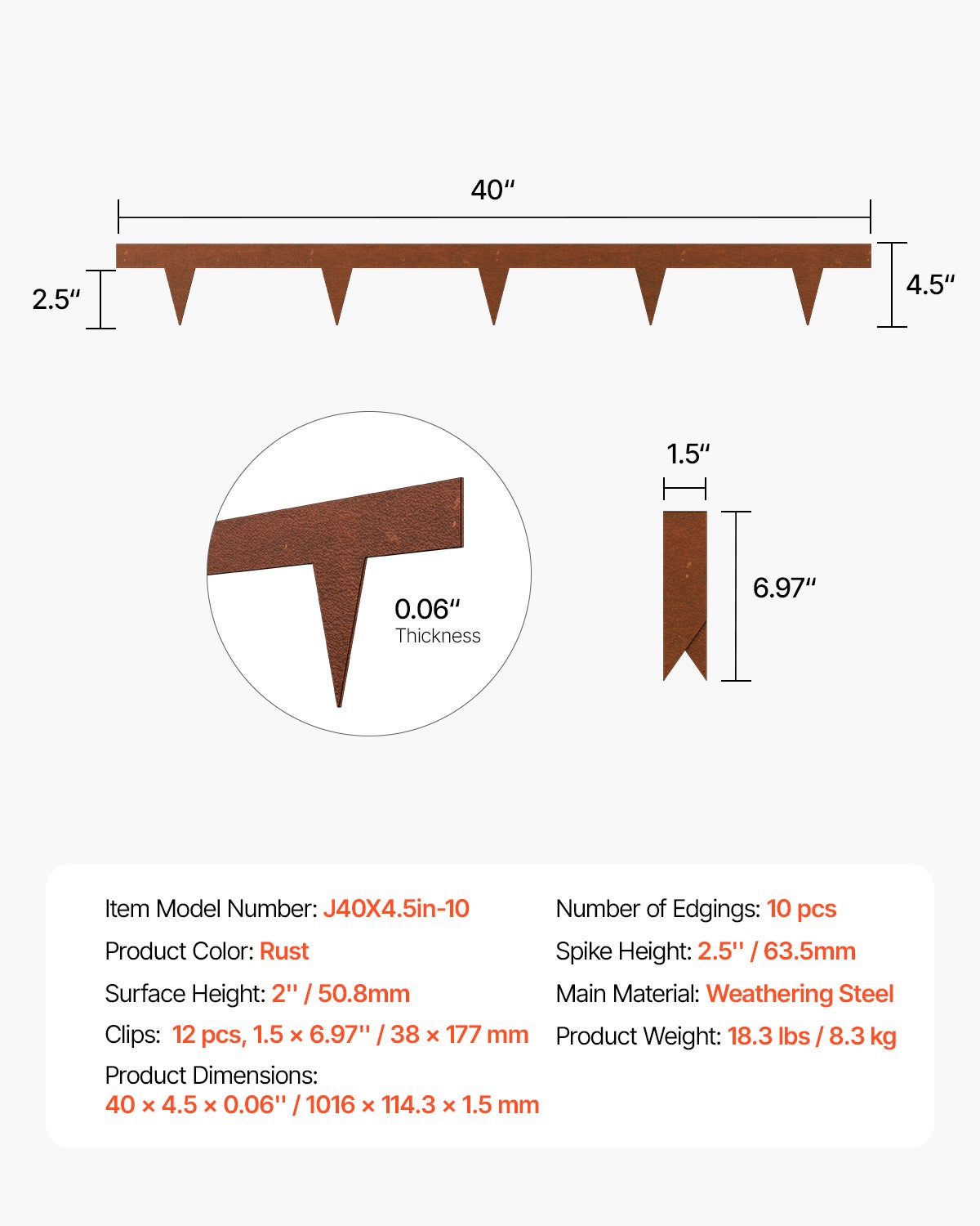 Bordure de Jardin Métallique en Acier 10PCs VEVOR 1016×114 mm, Bordures Pliables Résistantes aux Intempéries, Séparateur pour Pelouse Allée Parterre - 7