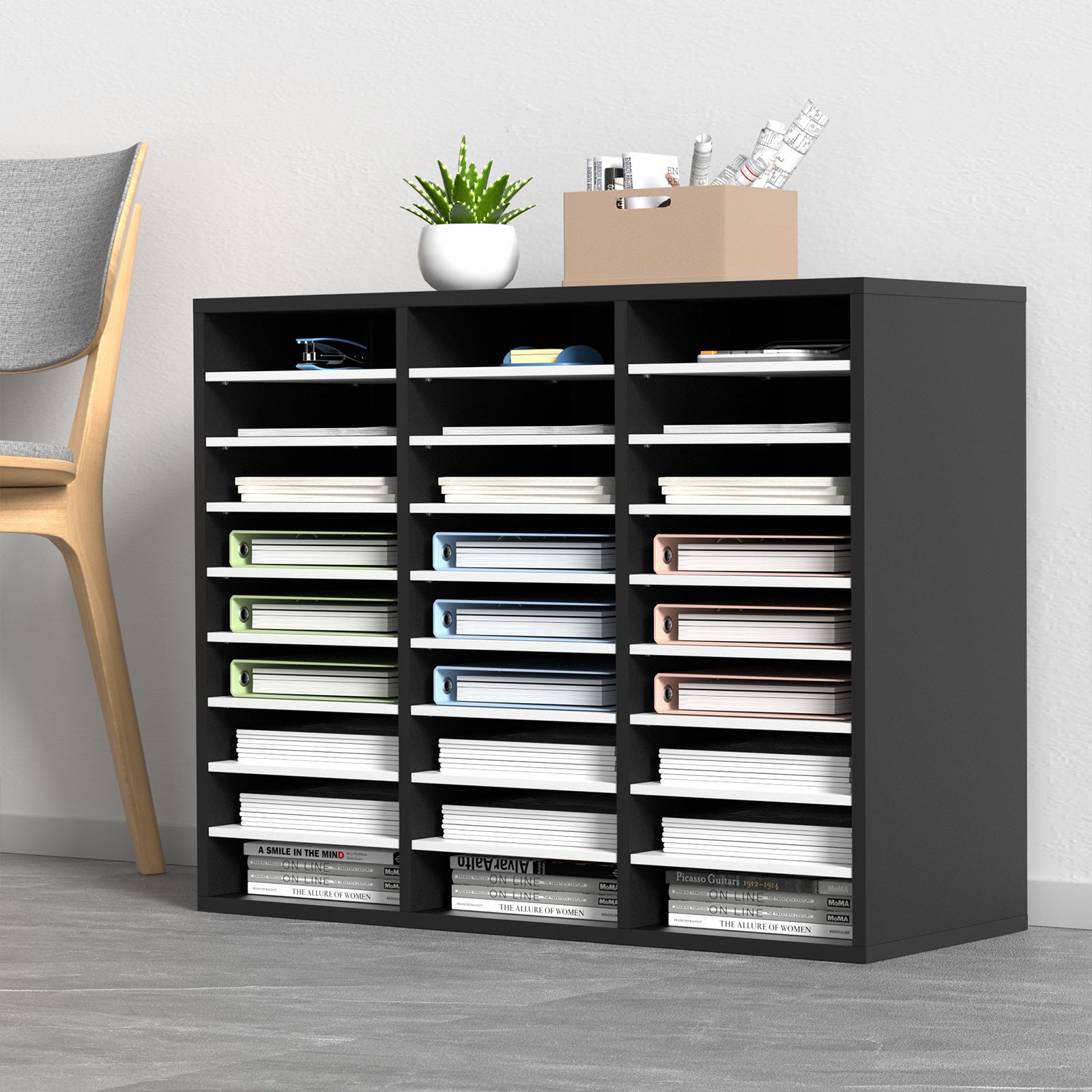 Organisateur Bureau VEVOR 80x30,5x63 cm,Trieur 27 Compartiments,Meuble MDF,Étagères Amovibles,Classeur Papiers Bureau École,Noir et Blanc - 8