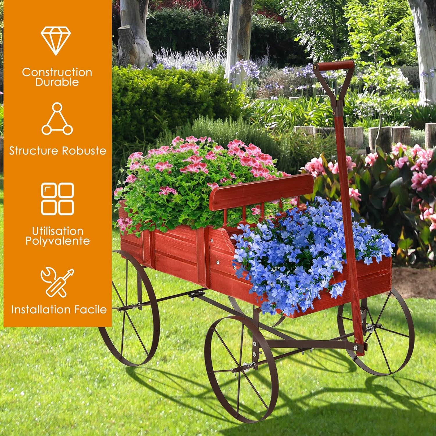 Brouette Décorative en Bois- 35×62,5×60cm- 2 Compartiments à Plantere-Jardinière Forme Brouette Chariot-Jusqu’à 15kg-Rouge - 5