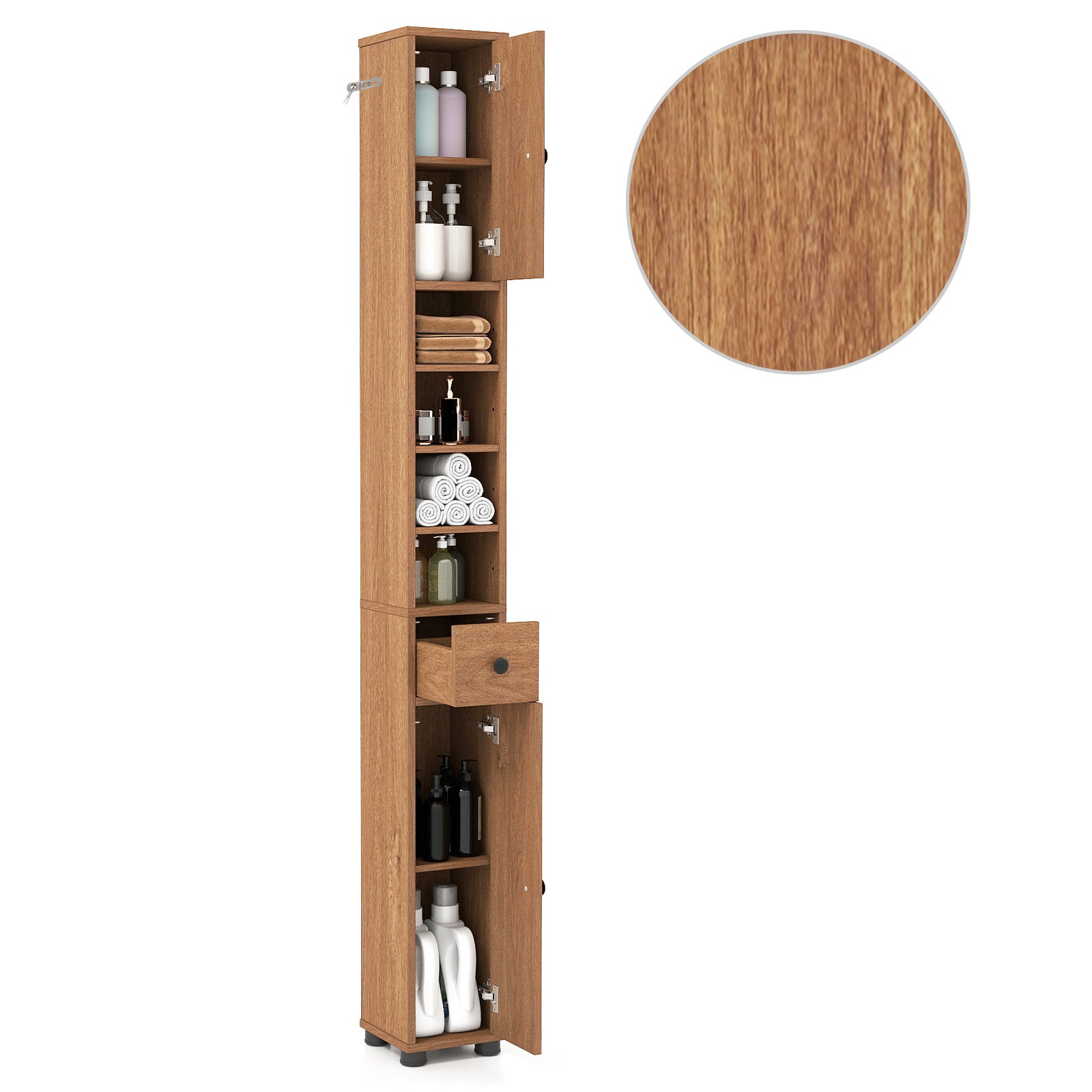 Dulap vertical pentru baie, mobilier de depozitare cu 2 dulapuri ușă, 1 sertar și 5 rafturi reglabile, dulap înalt, 20 x 20 x 180 cm, naturală
