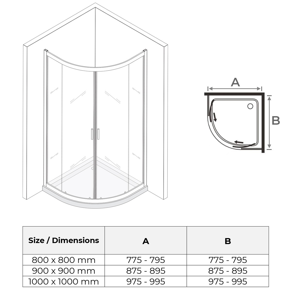 TIBYBLACK Cabine porte de douche coulissante H 190 cm 1/4 de cercle noir verre transparent 90 x 90 cm (sans receveur) - 6