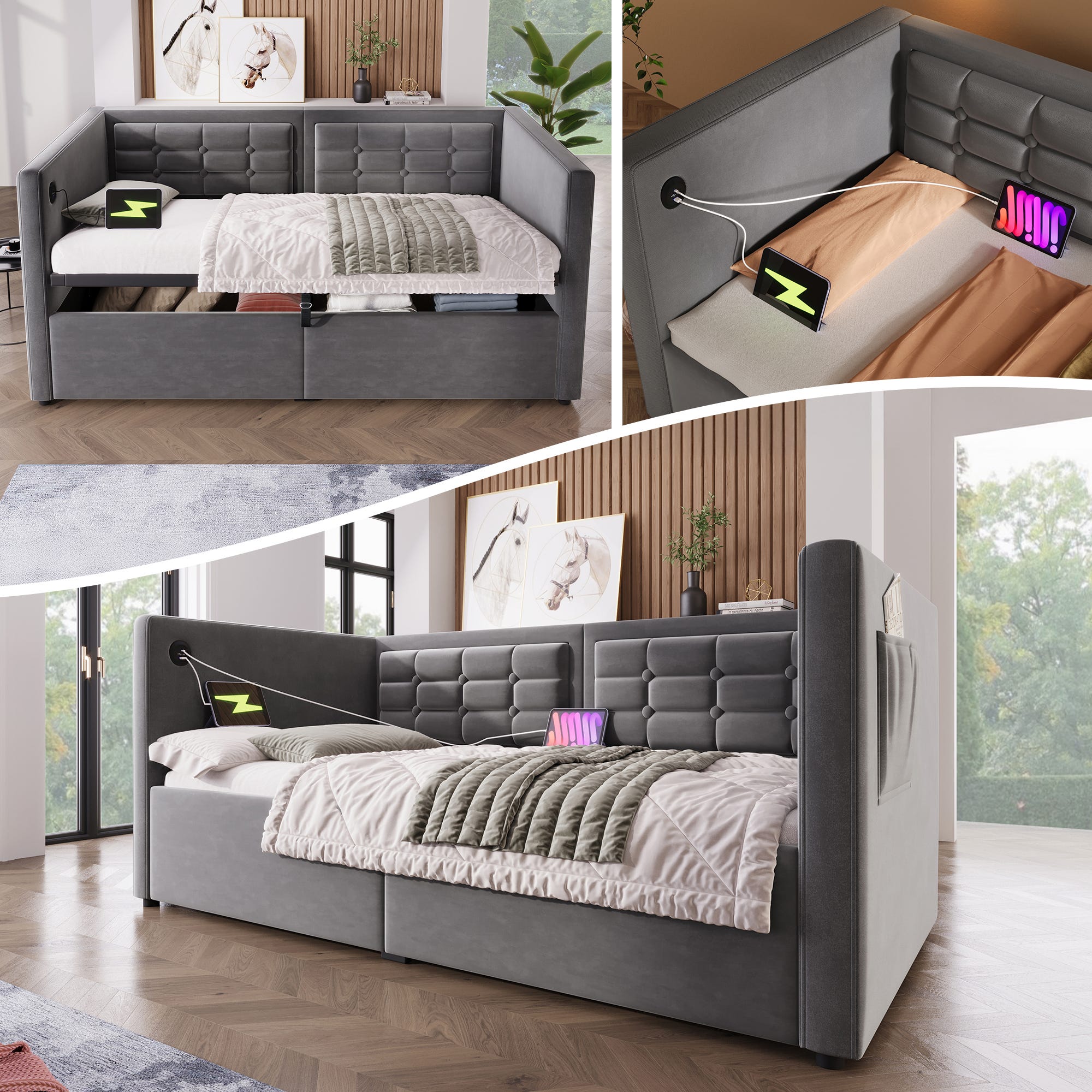 Lit 1 Place 90x200cm, Canapé Lit Avec Compartiments, 2 Tiroirs De Rangement Et Sommier Mdf Gris Fonce Sans Matelas Lit 1 Place 90x200cm, Canapé Lit Avec Compartiments, 2 Tiroirs De Rangement Et Sommier Mdf Gris Fonce Sans Matelas