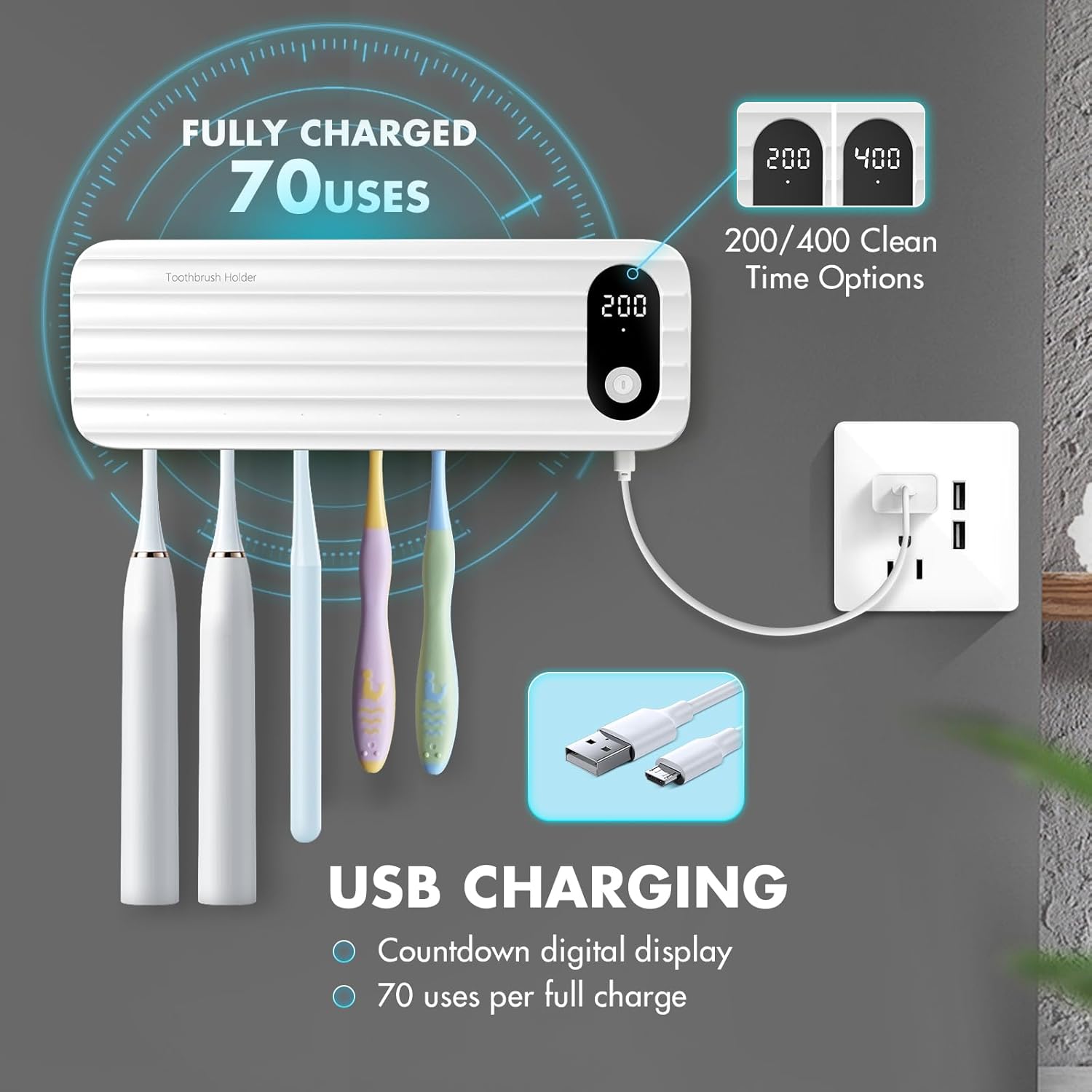 Stérilisateur de brosses à dents avec 5 emplacements, support de brosses à dents intelligent et organisateur, support mural sans fil et rechargeable - 5