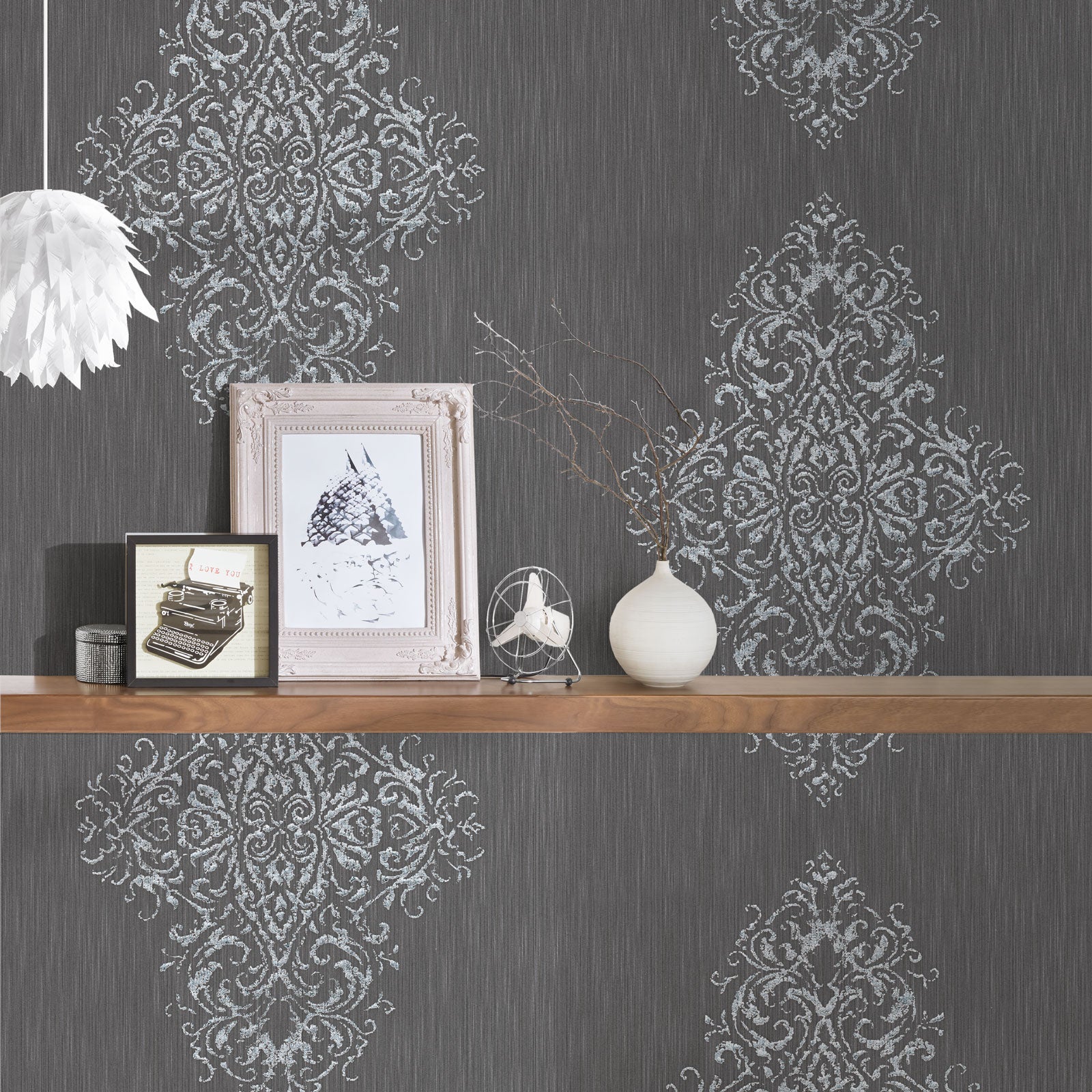 Papel pintado damasco papel pintado gris y plata para salón & dormitorio papel pintado vinílico estilo barroco elegante