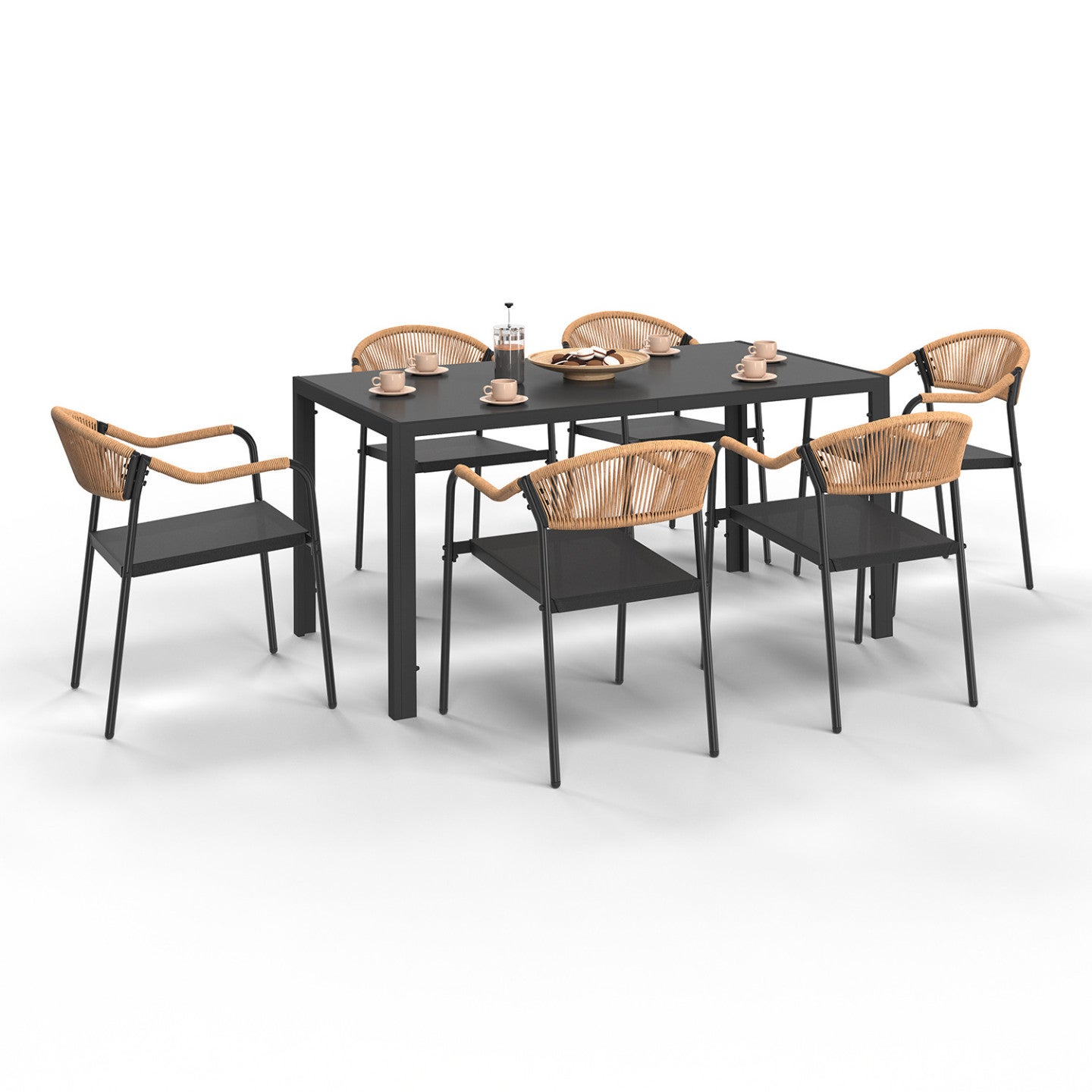 Salon de jardin MADEIRA table 150 cm et 6 chaises cordage et textilène noir et rotin clair - 2