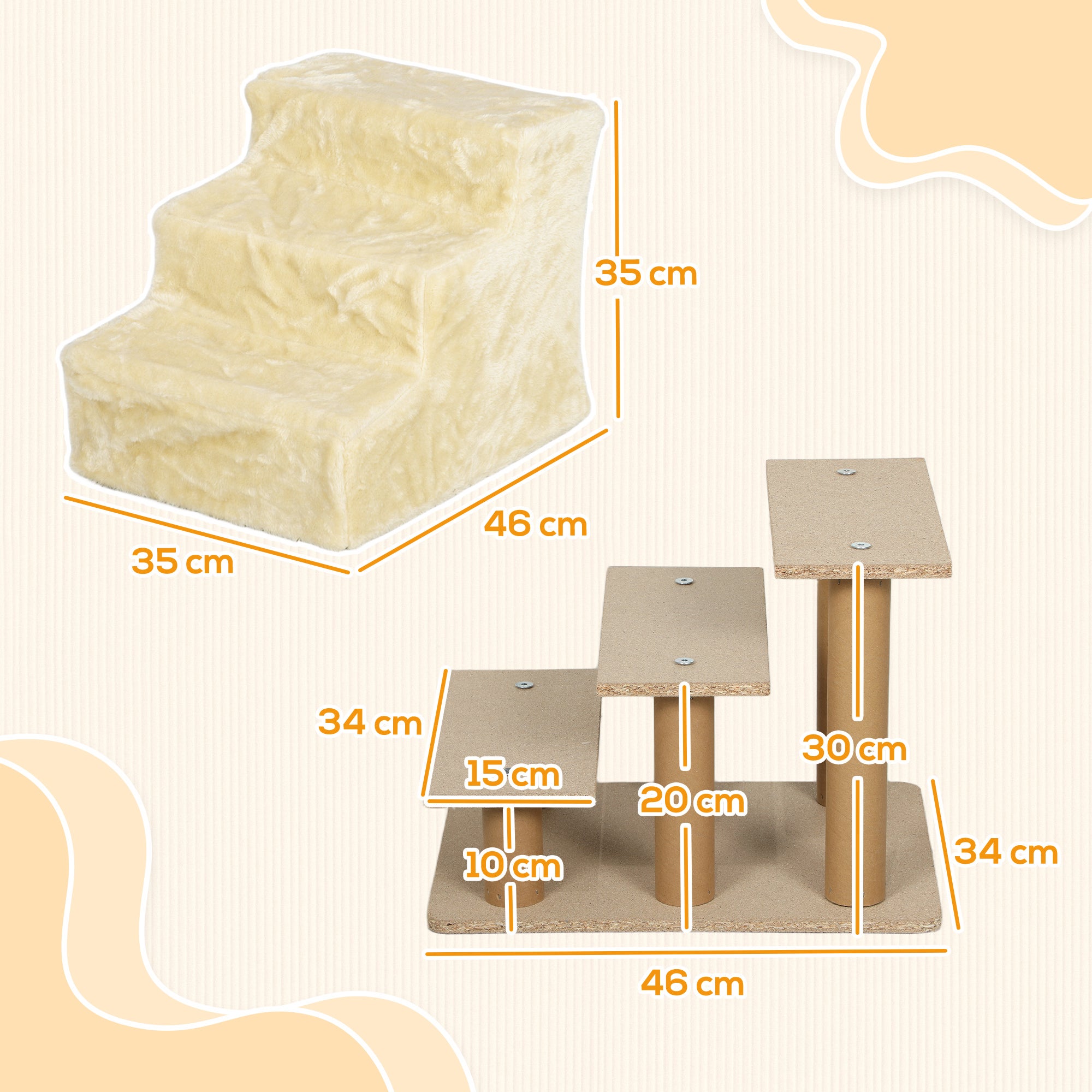 Escalera para Mascotas PawHut Aglomerado de Madera, Felpa Beige 46x35x35 cm D06-091V01BG - 3