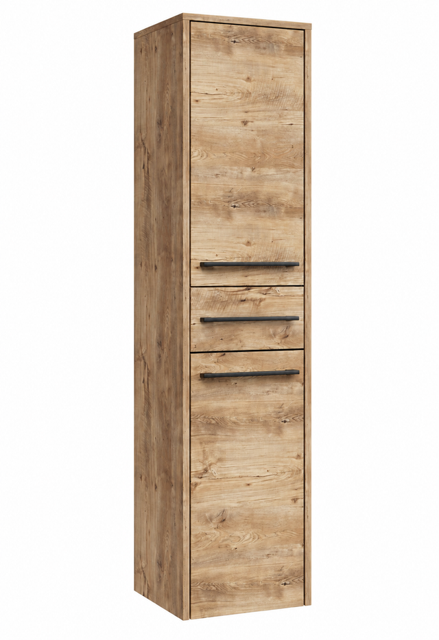 Meuble de Rangement Salle de Bain Florence 30 x 35 x 130 cm - Chêne Châtaignier - Meuble Colonne Suspendu avec 1 Tiroir et 2 Porte