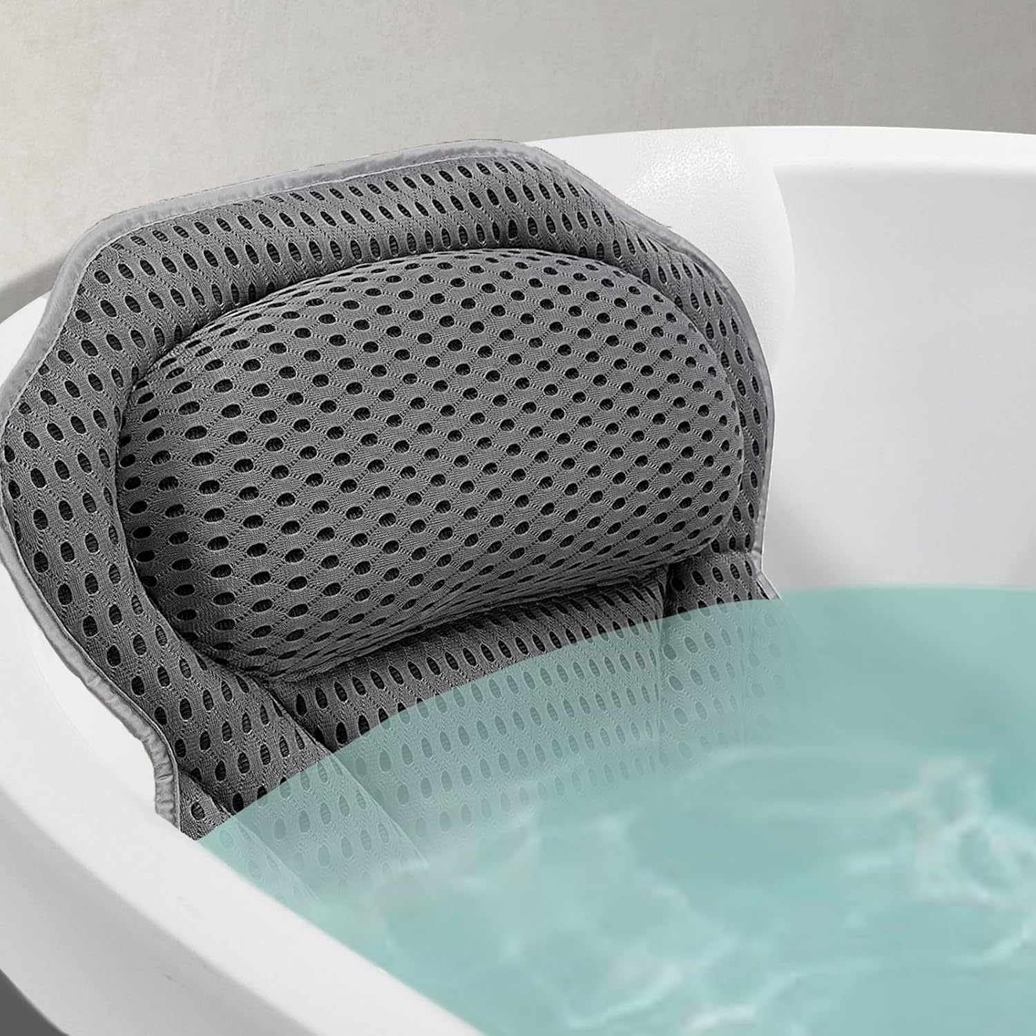 Poduszka do wanny jacuzzi z 6 mocnymi przyssawkami - Ergonomiczna, antypoślizgowa poduszka spa - Materiał Airmesh 4D, zmywalny - Szary