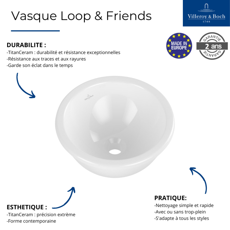 Vasque ronde 39 x 39 à encastrer VILLEROY ET BOCH Loop & Friends TitanCeram sans trop plein - 3