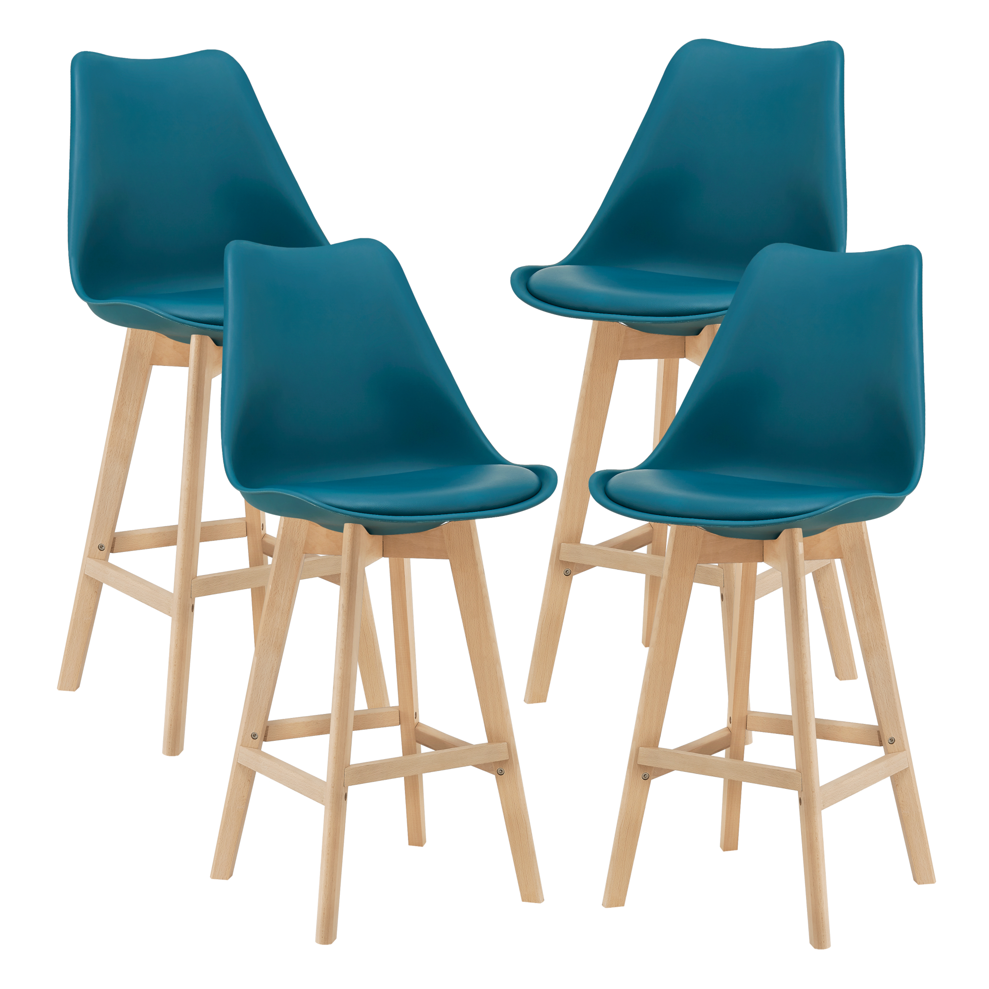 Juego de 4 taburetes de bar lublin - 105 x 48 x 58 cm acolchado madera haya turquesa [en.casa]®
