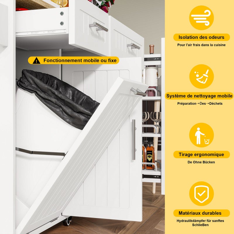 Îlot de Cuisine Mobile avec Rallonge Extensible 135 x 40-70 x 90 cm, meuble rangement mobile avec Plan de Travail, Poubelle Intégrée et Prises, Blanc - 4