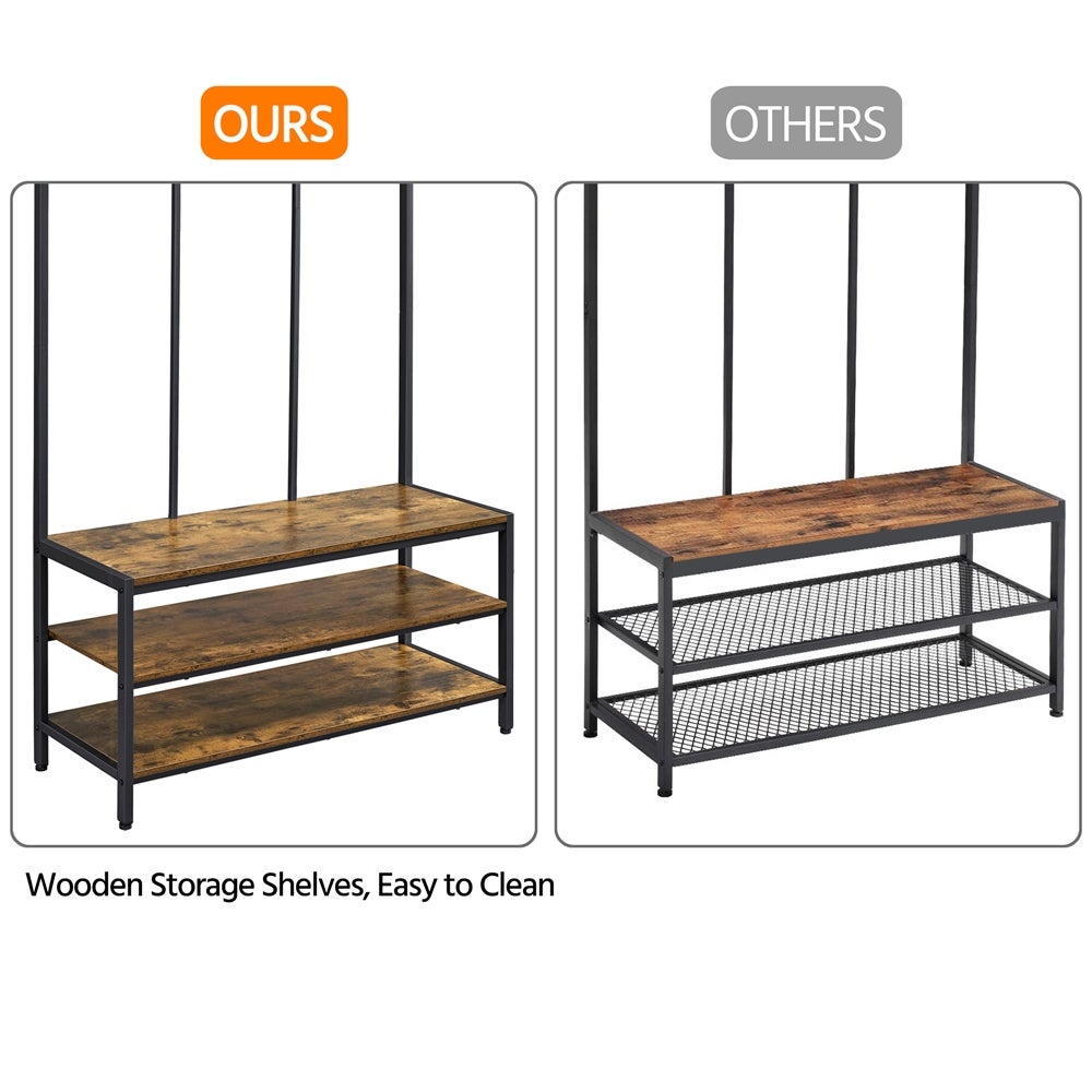 Porte-manteau d'entrée Vintage en Bois et Métal avec Étagère à Chaussures à 3 Niveaux, Brun Rustique et Noir Yaheetech - 7