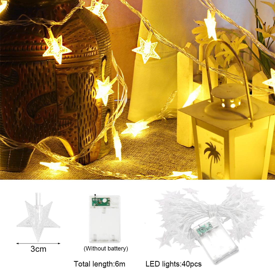 Girlanda Świąteczna w Kształcie Gwiazd, 6M 40 szt. LED, Girlanda Świąteczna na Choinkę, Świecąca Gwiazda, LED Dekoracja Świąteczna do Wnętrz