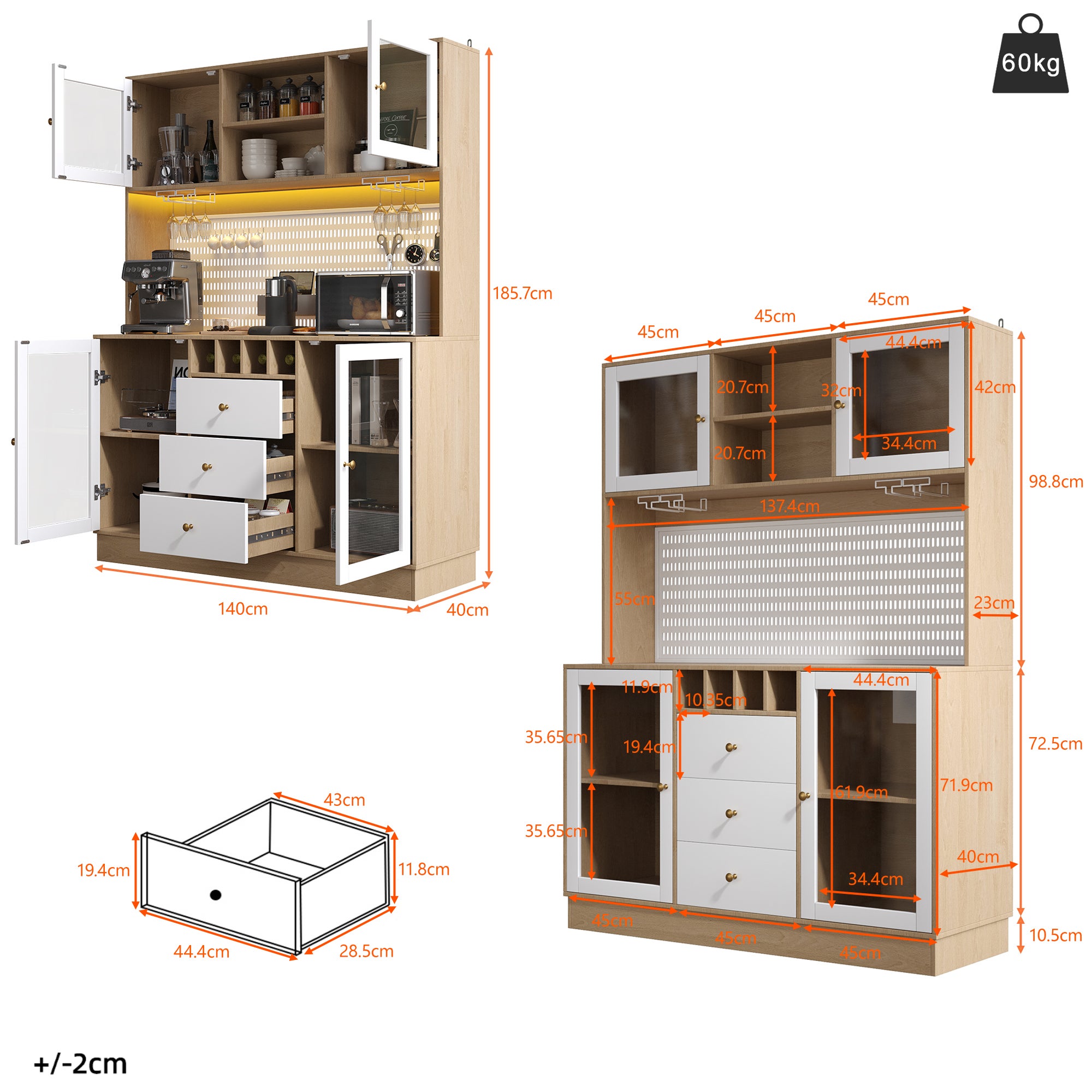 Buffet haute de cuisine avec lumières LED etporte-verres à vin,Armoire haute de cuisine moderne 140×40×185.7cm,Avec tiroir et étagère réglable,Blanc - 4