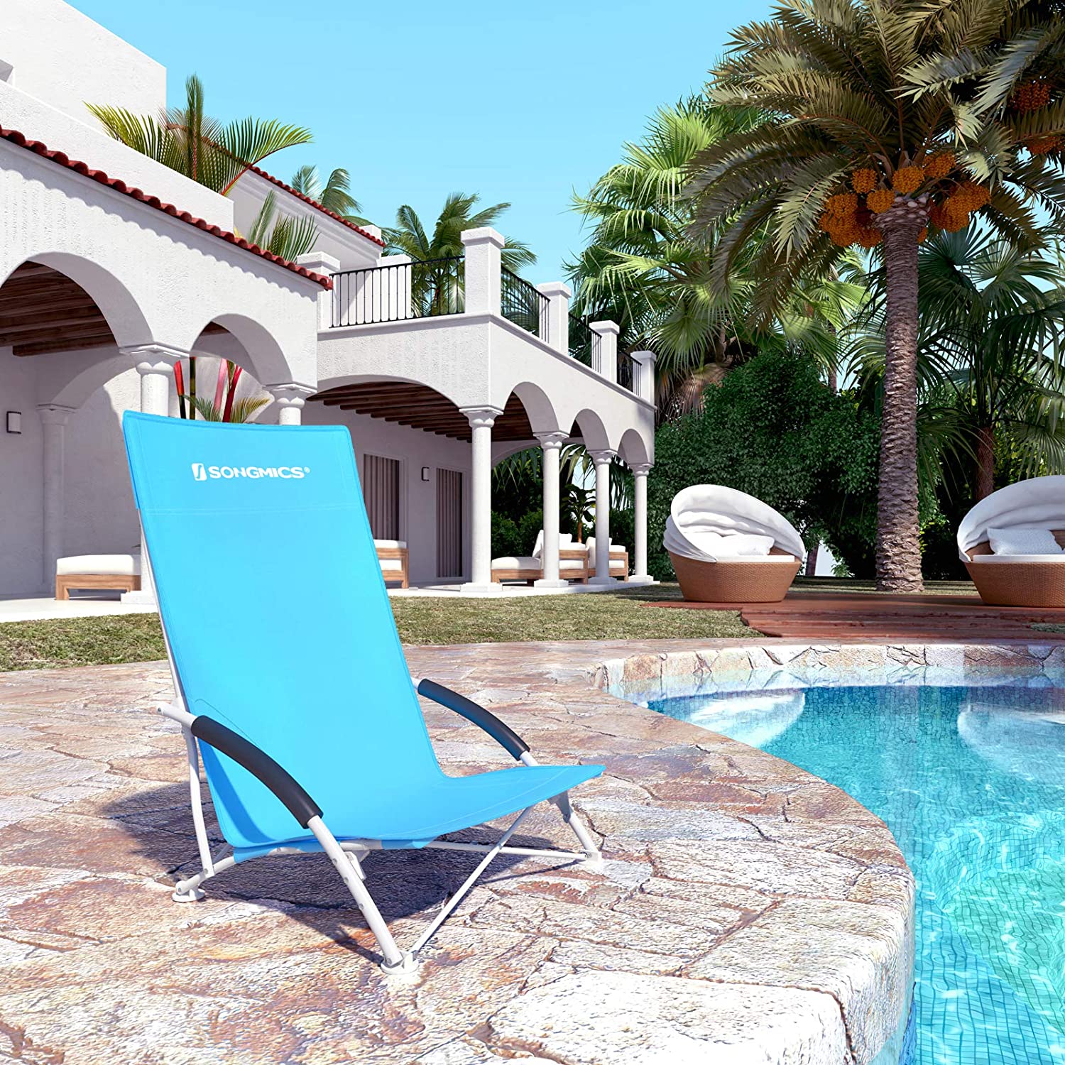 Chaise de Plage, Pliante, avec Dossier Haut,Chaise d'extérieur,56 x 53 x 74 cm,Bleu ciel - 2