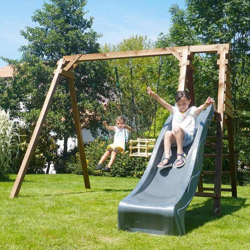 Portique en bois carré 2 agrès avec balançoire bébé et toboggan PRUNE - 2