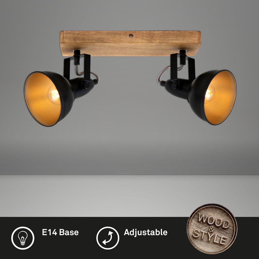 Plafonnier Spot BRILONER LEUCHTEN BARNIM, 25 W, IP20, noir, métal-bois, excl. 2x E14, 28 x 11 x 15,7 cm - 3