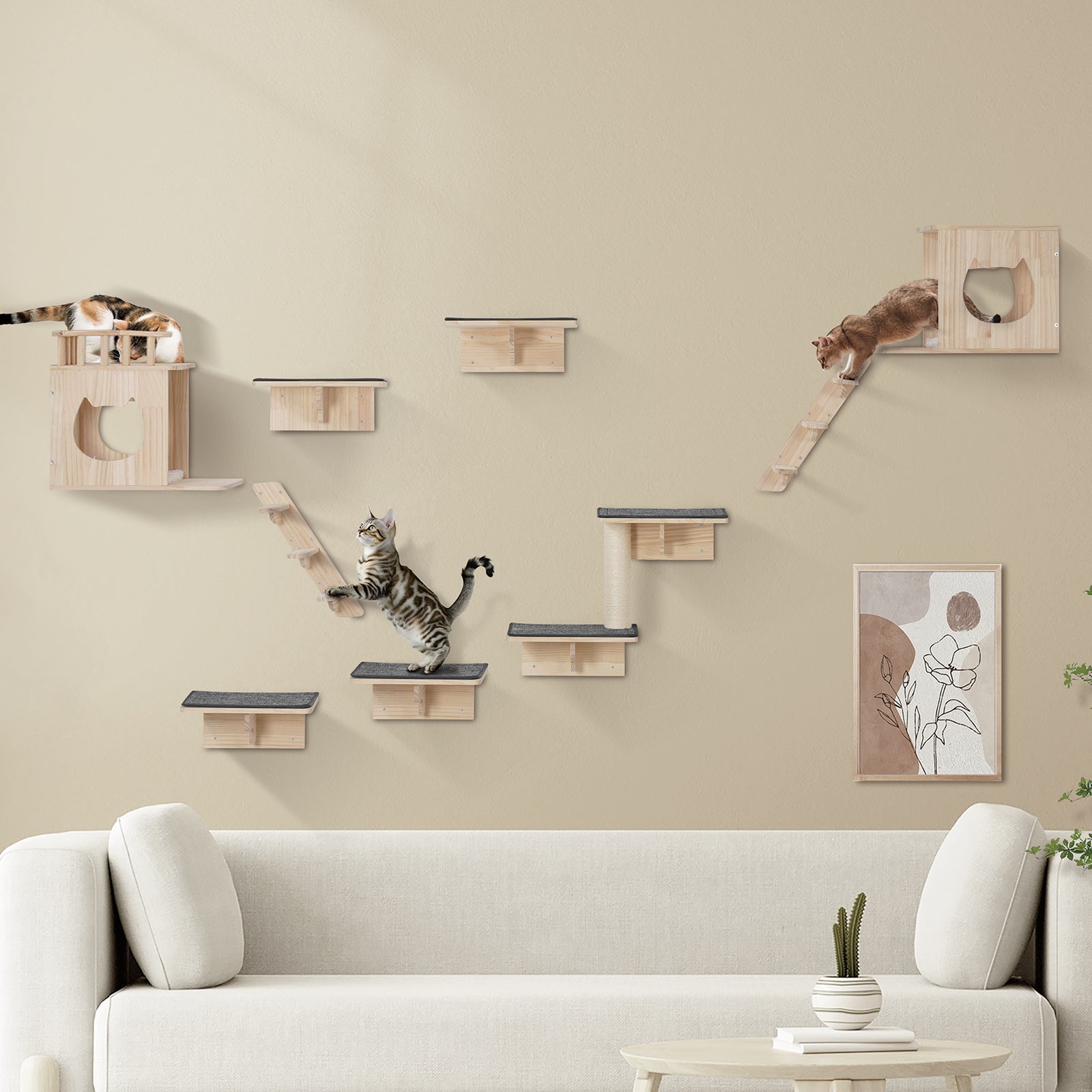 support mural pour chat,ensemble de VEVOR 9 pièces avec plateforme de saut,charge de 40 lb,cadre d'escalade flottant,perchoir pour nid de chat - 8