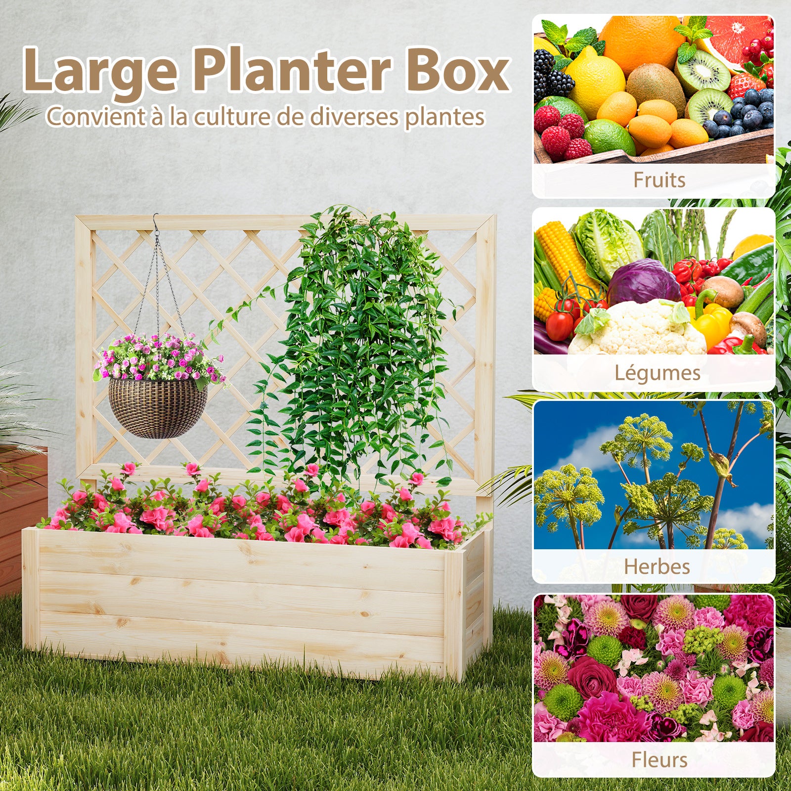 Jardinière Surélevée avec Treillis, Drainage, en Bois Massif pour Plantes Grimpantes, Fleurs, Herbes, Légumes, Fruits, 98 x 35 x 101 cm - 7