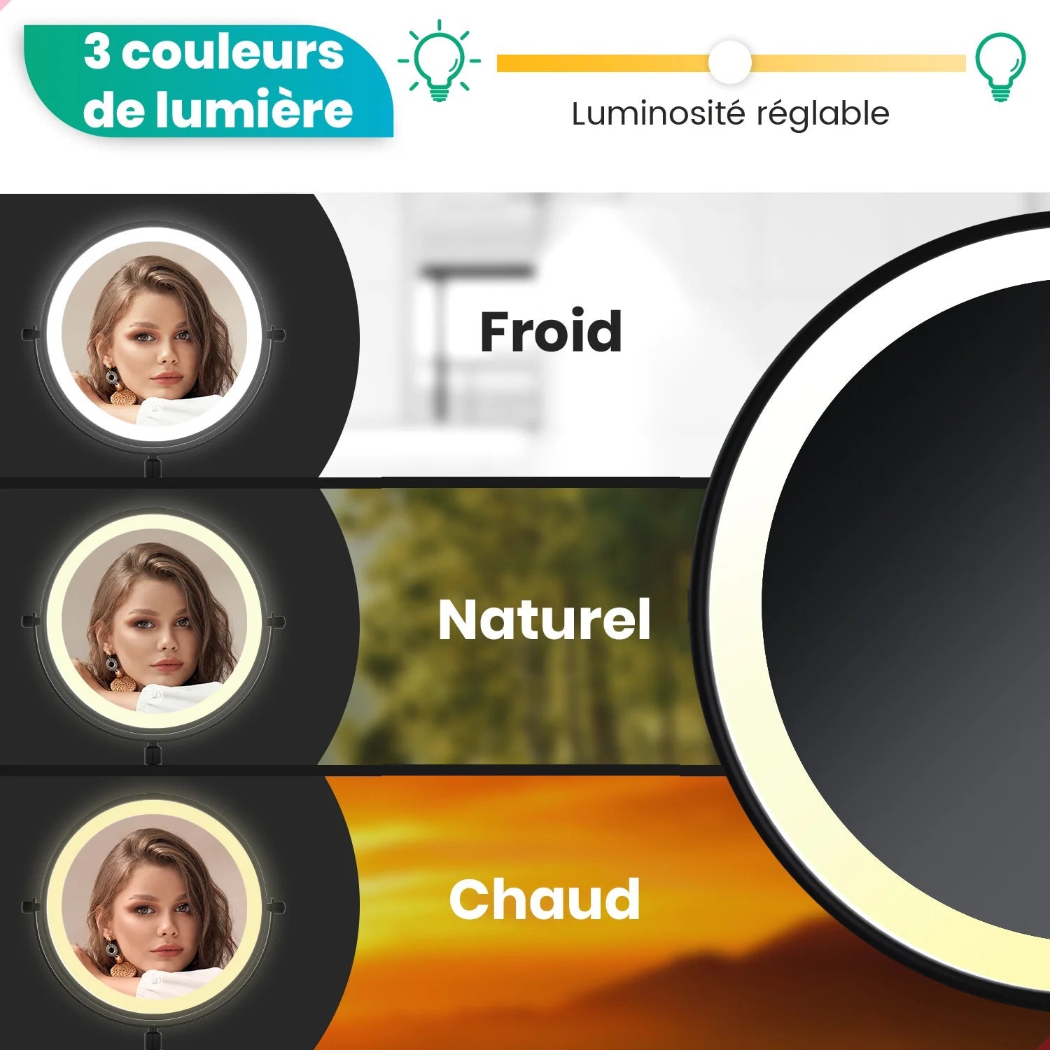 Mirlux Miroir de maquillage avec éclairage LED - Grossissement x10 - Hauteur réglable - 3 intensités lumineuses - Rechargeable - Noir - 8