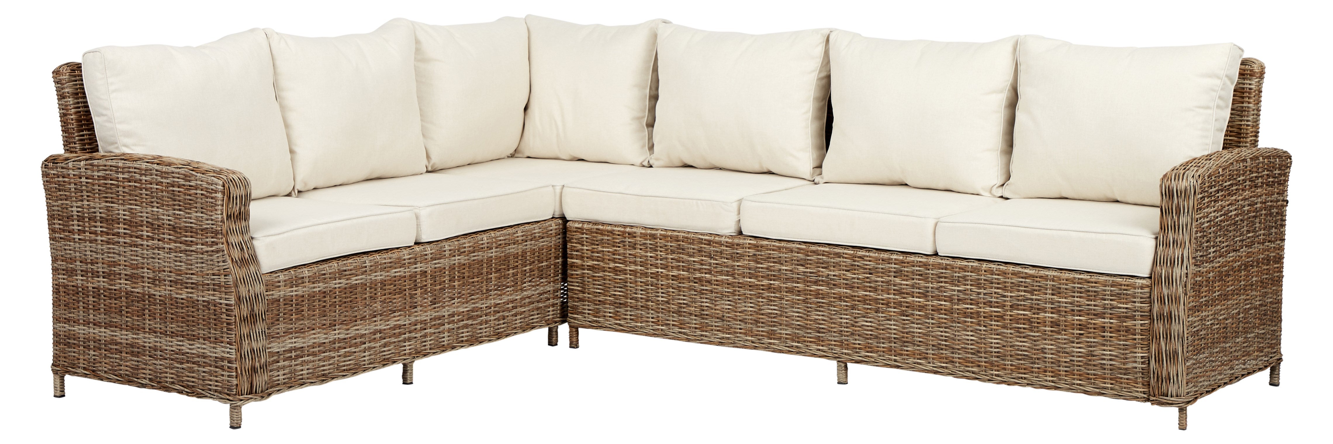Gram sofa ogrodowa narożna, z poduszkami do siedzenia, naturalny i złamana biel.