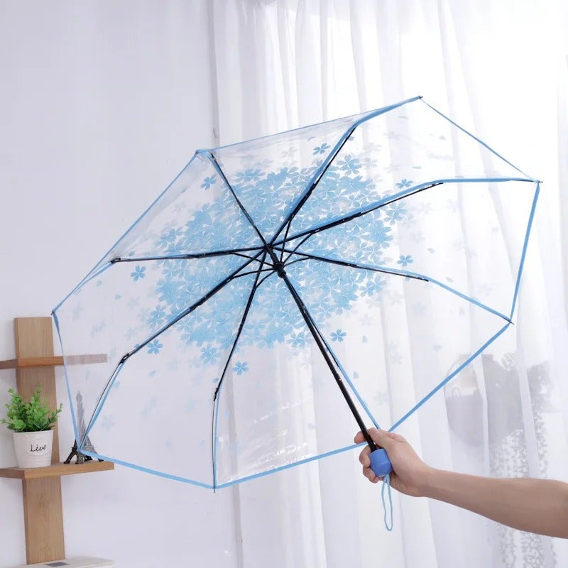 Przezroczysty parasol z kwiatami, parasol dla dzieci z motywem kwiatowym, przezroczysty parasol podróżny, wiatroodporny (niebieski)