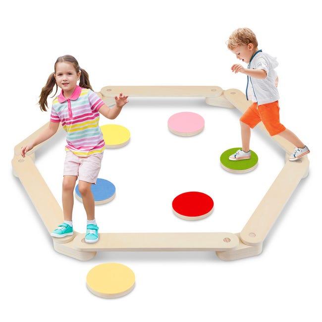 Poutre d'équilibre enfant en bois - pierres d'obstacle colorées Poutre d'équilibre enfant en bois - pierres d'obstacle colorées