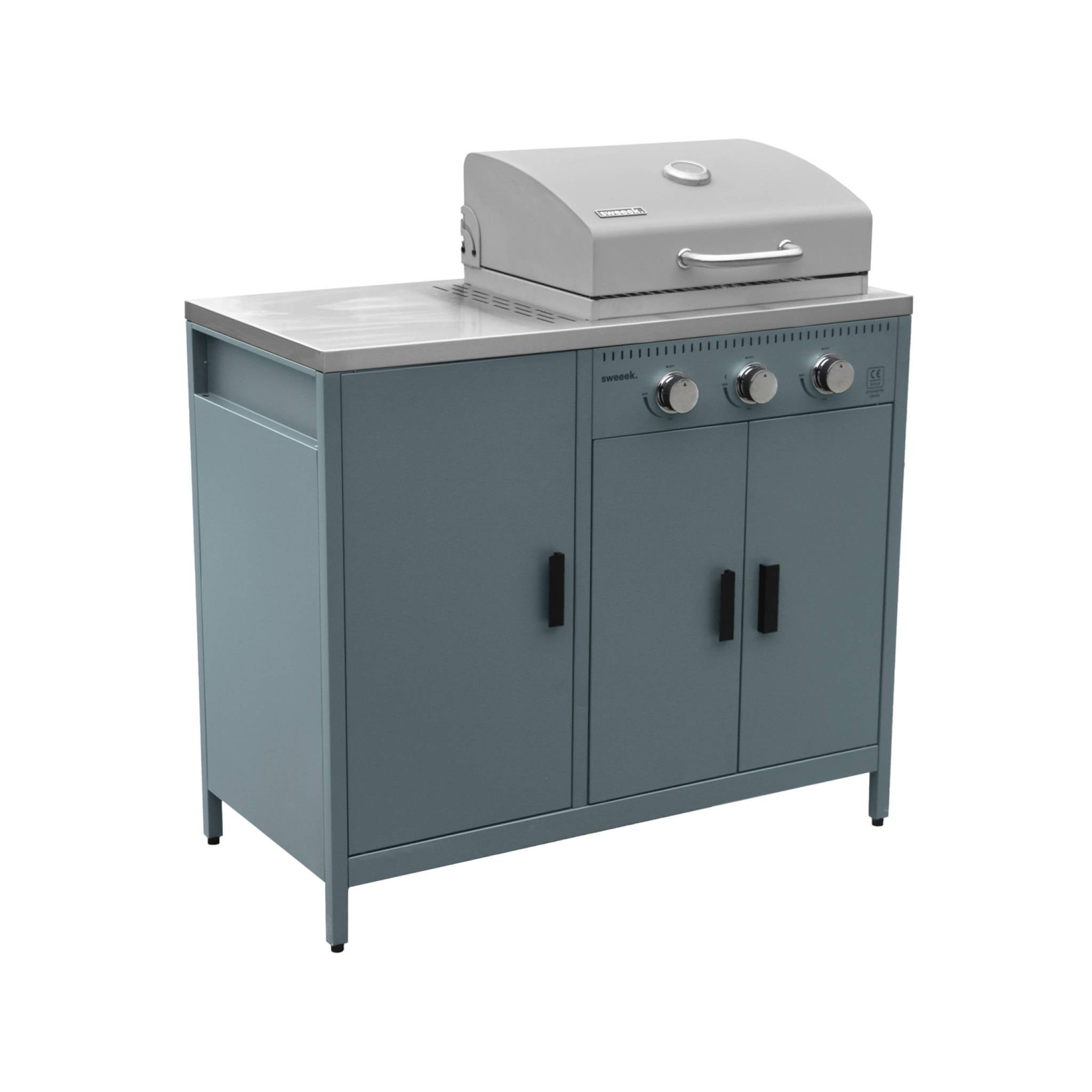 Sweeek Barbacoa De Gas De 3 Quemadores Con 3 Puertas Y Termómetro, 100X51x87.5 Cm Azul/Gris , Leroy Merlin